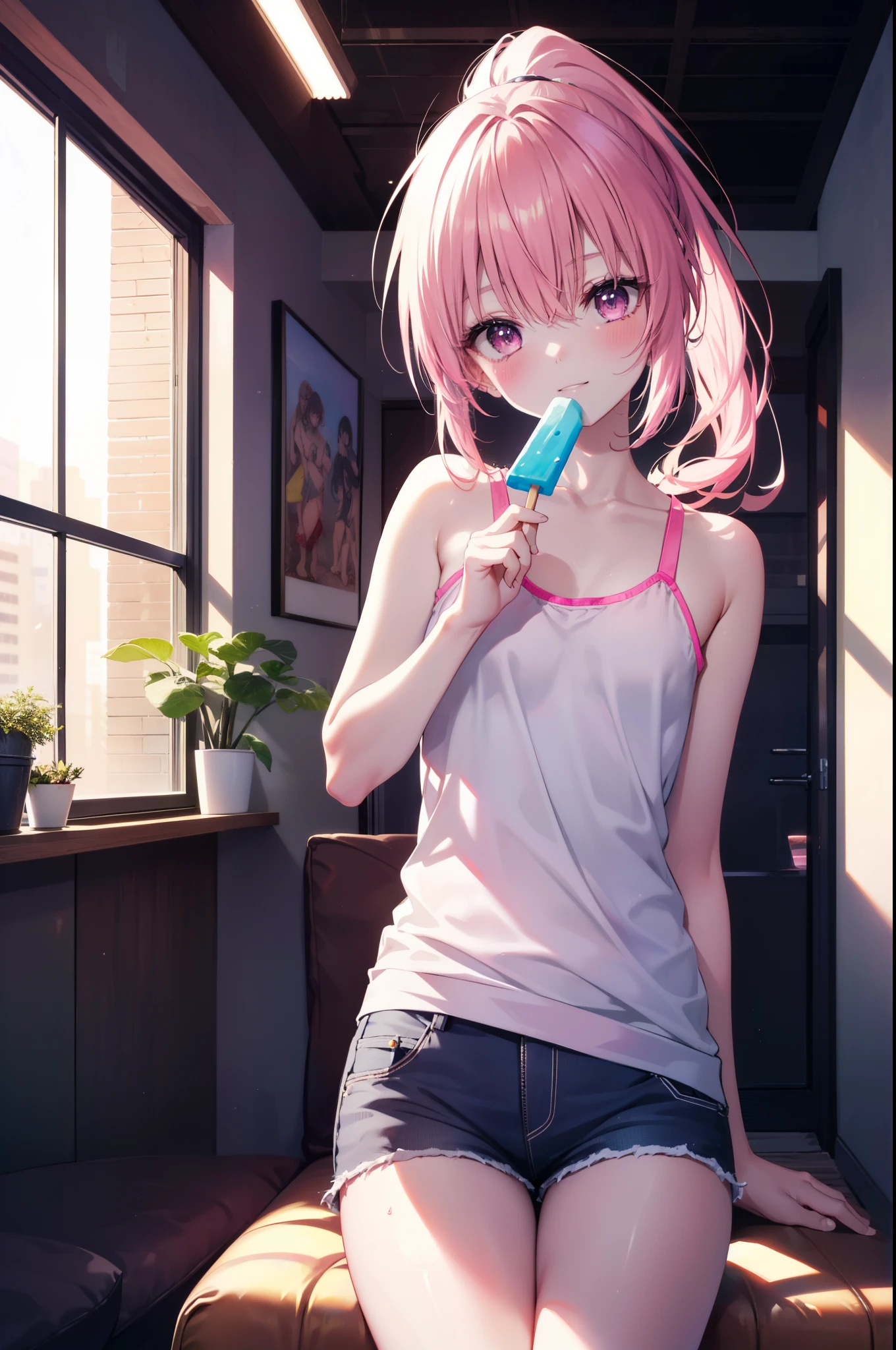 nana devilk,  That Deviluke, tooth, long hair, (pink eyes:1.5), pink hair, tail, (flat chest:1.2), smile,blush,ponytail,Tank top,shorts,barefoot,sitting on the sofa,A girl holding a popsicle in her right hand and eating it，
break indoors,indoor ,
break looking at viewer, (cowboy shot:1.5),
break (masterpiece:1.2), highest quality, High resolution, unity 8k wallpaper, (figure:0.8), (beautiful detailed eyes:1.6), extremely detailed face, perfect lighting, extremely detailed CG, (perfect hands, perfect anatomy),