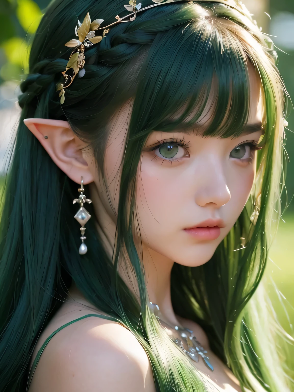 A fascinating and mysterious sorcerer emerges from the depths of a magical forest..., wears elaborate robes woven with intricate mystical symbols. Dense trees々々Soft sunlight shines in, A mysterious appearance that radiates an enchanting shine. 彼女の目は古世generationの知恵と魔法で輝いています, Delicate ivy vines and bright flowers々々々Intertwined with her flowing hair. in the background, Inhabited by mythical creatures and forest spirits,clavicle、earrings、necklace、emerald green hair、green eyes、 1 girl, delicate eyes, double eyelid,, necklace、close up of face、close up of face、２０generation、all green hair、green eyes、close up of face、elf ears、serious expression、Brown headband、Braid、random pose、twin tails、green lipstick、