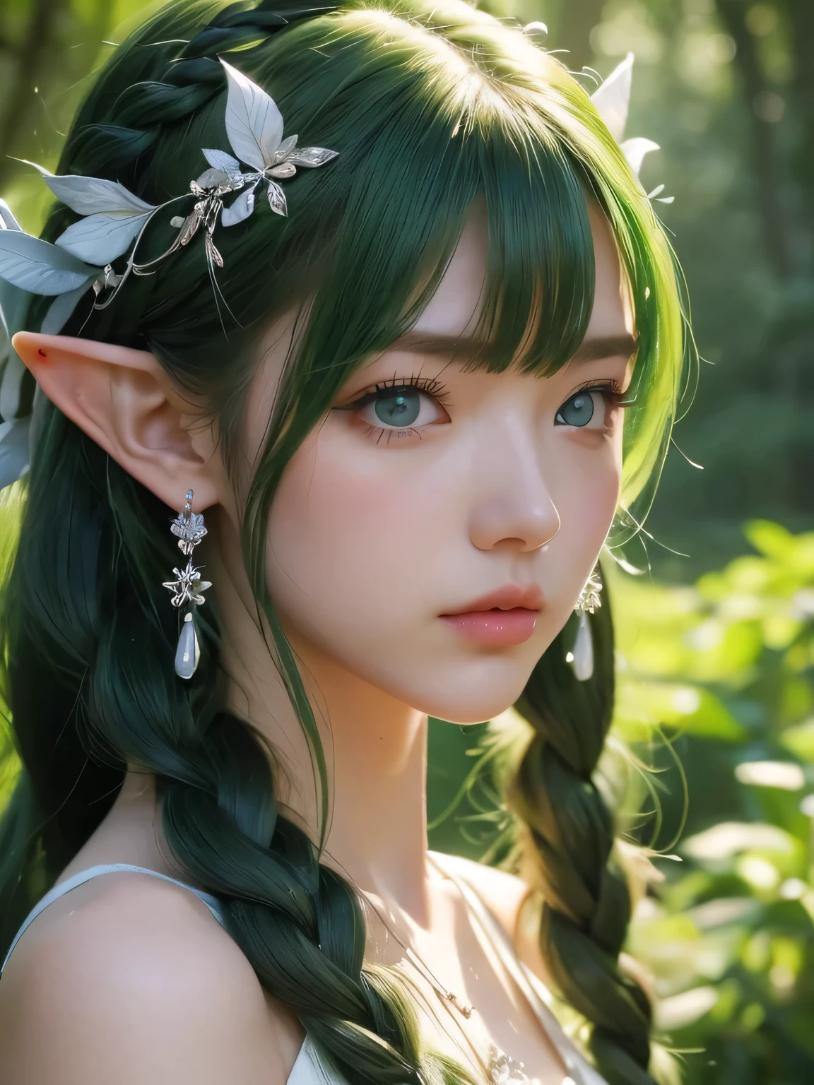 A fascinating and mysterious sorcerer emerges from the depths of a magical forest..., wears elaborate robes woven with intricate mystical symbols. Dense trees々々Soft sunlight shines in, A mysterious appearance that radiates an enchanting shine. 彼女の目は古世generationの知恵と魔法で輝いています, Delicate ivy vines and bright flowers々々々Intertwined with her flowing hair. in the background, Inhabited by mythical creatures and forest spirits,clavicle、earrings、necklace、emerald green hair、green eyes、 1 girl, delicate eyes, double eyelid,, necklace、close up of face、close up of face、２０generation、all green hair、green eyes、close up of face、elf ears、serious expression、Brown headband、Braid、random pose、twin tails、green lipstick、