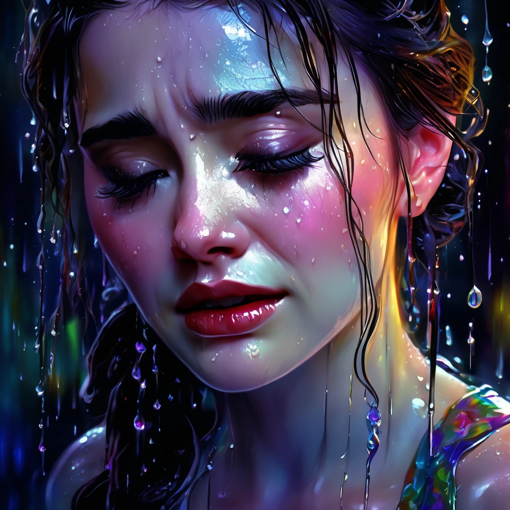 crying,aesthetic,extremely detailed,teary eyes,rosy cheeks,soaked lashes,emotional expression,intense sadness,dripping tears,true-to-life textures,highly refined details,dramatic lighting,seamless blending of colors,vibrant hues,artistic composition,layered brushstrokes,emotive brushwork,realistic water droplets,breathtaking realism,masterful craftsmanship,haunting beauty,evocative atmosphere,highly emotional scene,silent sorrow,stark contrast,moody ambiance,endless depth,luminous glow,shimmering highlights,subtle shadows,intimate close-up,precise contours,striking emotion,fluid brush movements,touching portrayal,painstaking attention to detail,aesthetically pleasing,heart-wrenching,deeply moving artistry