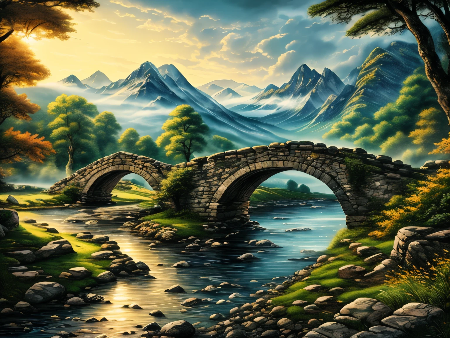 (((best quality))),(((ultra detailed))),(((masterpiece))),illustration,ancient stone bridge,staring,distant mountains,dusk,misty mountains,flowing water,tall ancient trees