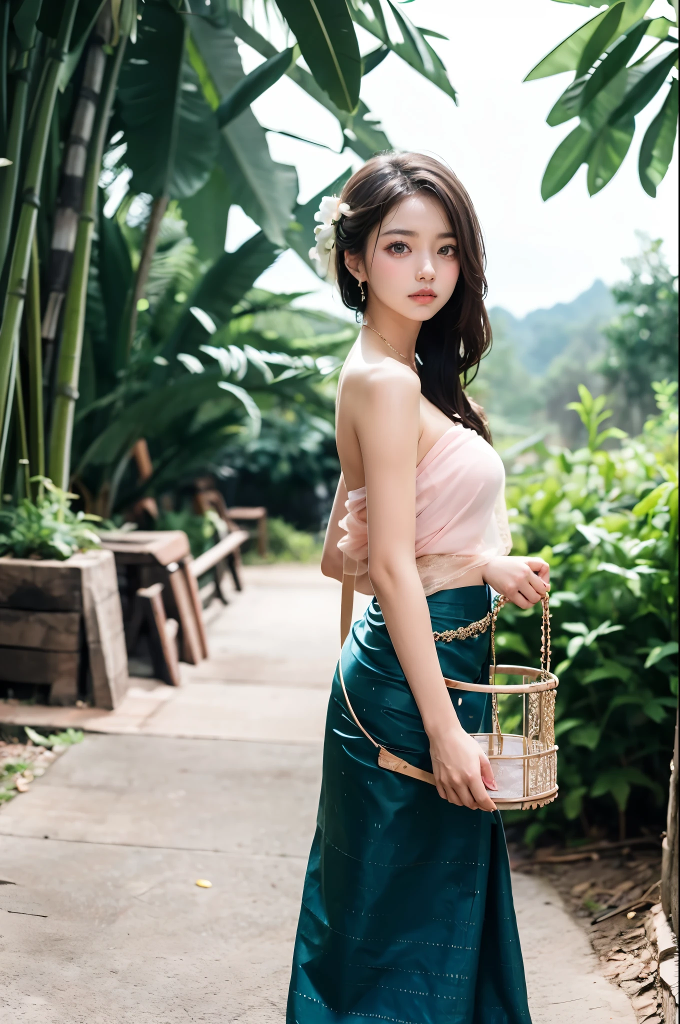 (masterpiece, best quality:1.2),1girl, bag, bamboo, bare shoulders, basket, black hair, blurry, blurry background, blurry foreground, breasts, brown eyes, day, depth of field,Chinese Dai ethnic clothing,Diagonal draped light gauze skirt, strapless dress,Dai ethnic skirt, hair ornament,Hands akimbo, handbag, holding basket, lips, long hair, looking at viewer, motion blur, nature, outdoors, plant, solo, standing