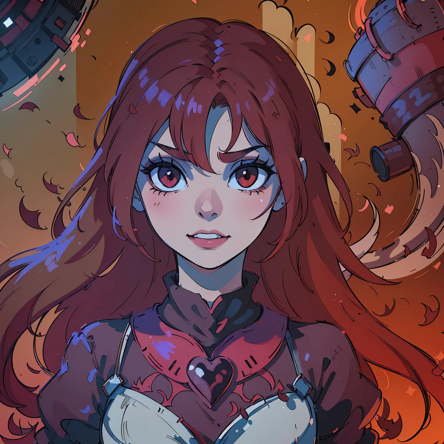 (best quality,4k,8k,highres,masterpiece:1.2),ultra-detailed,(realistic,photorealistic,photo-realistic:1.37),blood red hair,blood red eyes,extremely detailed eyes and face,lighter skin,vivid colors,dark shadows,dramatic lighting,gothic,horror,portrait,very red hair,beautiful nose,smile, Do not alter the hair fringe,Red lipstick, smile with beautiful teeth, Regular mouth not too big, A cruel genocidal villain with a sinister smile stands in a vibrant Wonderland. The girl possesses striking red hair and captivating red eyes, enhancing her beauty. She is adorned in a regal outfit befitting a princess, with a deck of hearts as her symbol. The anime-inspired art style brings out the cute yet powerful essence of the scene, emphasizing the contrast between innocence and darkness. The color scheme predominantly features shades of red, creating a visually striking and intense atmosphere. The lighting highlights the villain's face, casting mysterious shadows while illuminating their menacing grin. The artwork is of the highest quality, offering ultra-detailed and realistic visuals.