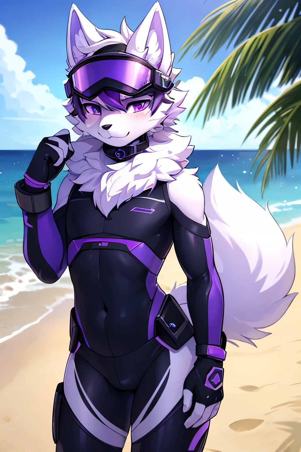 ((best quality, masterpiece, perfect anatomy, detailed picture)), 1female, arctic protogen, long visor, purple visor, purple eyes, sexy body, big breasts, futuristic soldier clothing, fluffy tail, red blushing, shy, in the beach, sticking butt out
