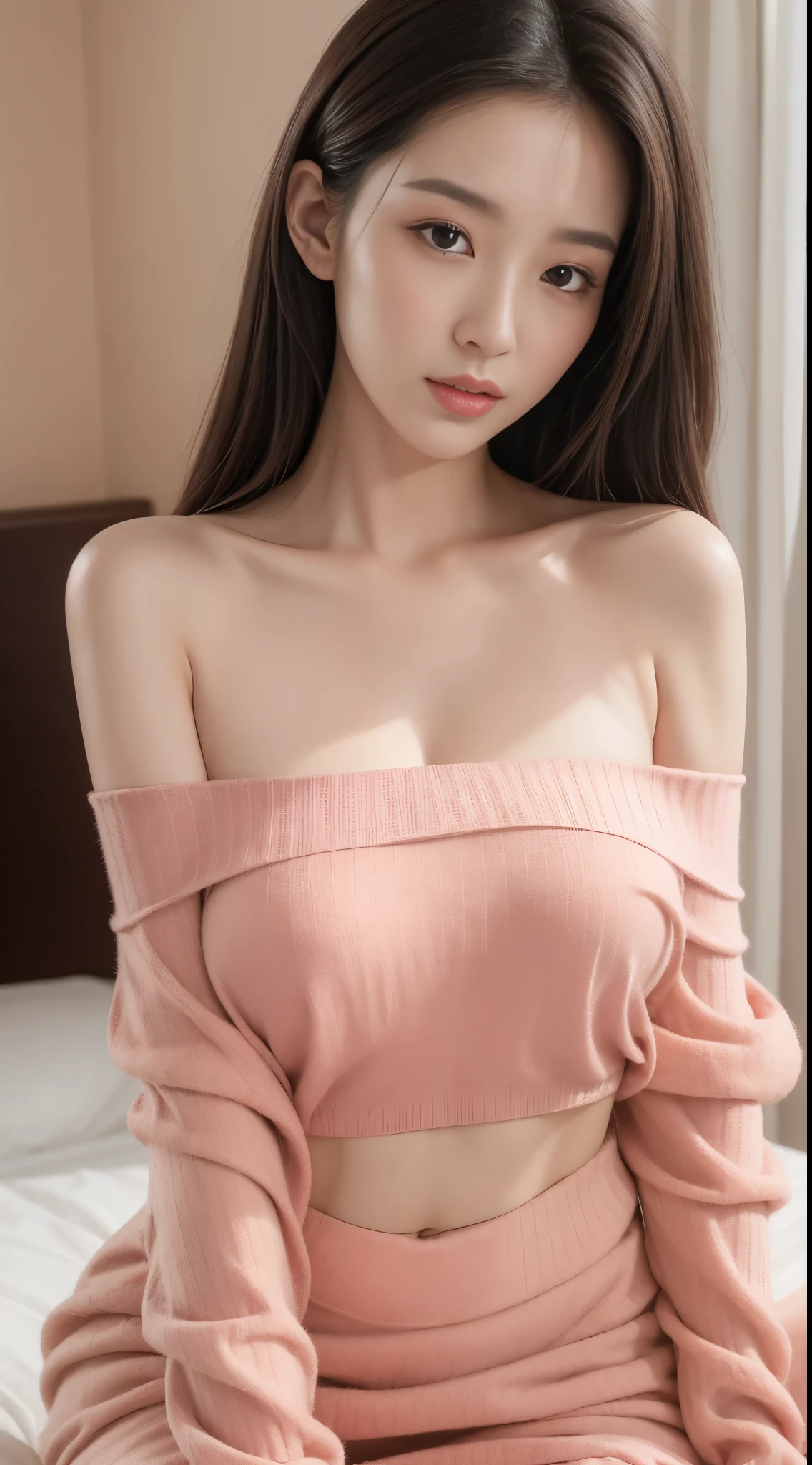 ((top-quality,8K,tmasterpiece:1.3)),Beautuful Women,Hide your face,1个Giant Breast Girl,big breasts beautiful:1.3,Slender abs:1.1,camisole,,longblackhair,(kneeling on a bed),Super detailed face,Highly detailed lips,Detailed eyes,double eyelid,Pink knit sweater
