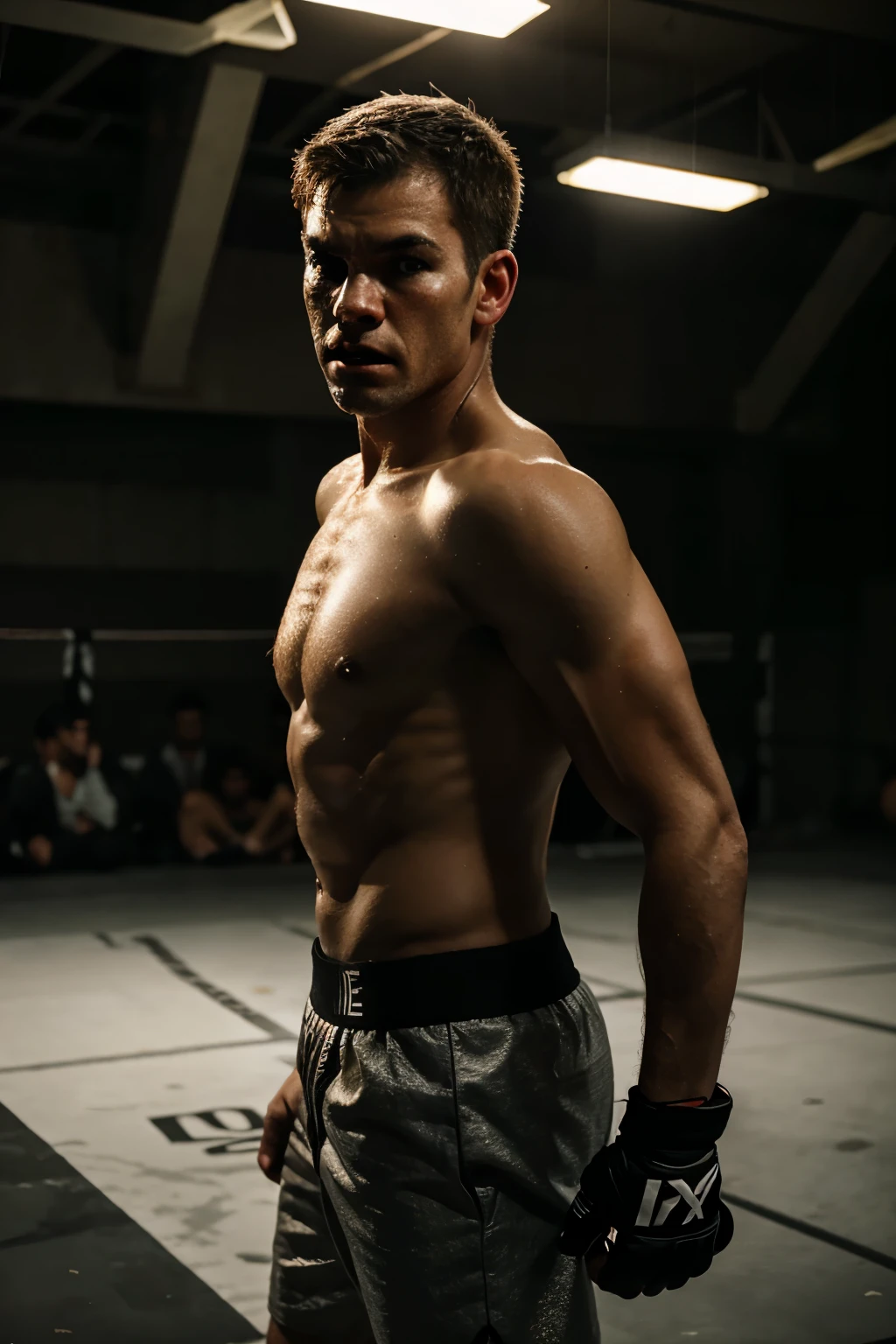boxer,frontlighting, worn out, ready to fight, tough,