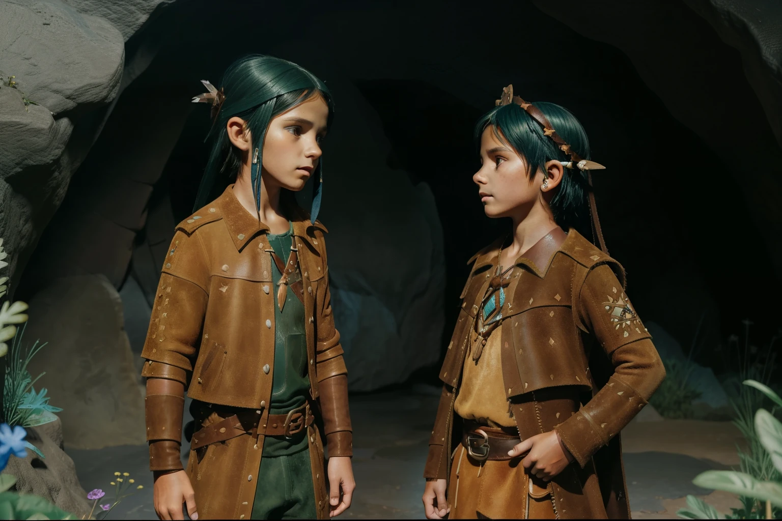 Fairytale Kingdom of Fantasia. ((((10-year-old)) Atreyu)), olive green skin, tall, athletic, brave, wise, ((worried expression)), inside a magical cave, with a friend. ((((suede and leather indigenous clothings)))), ((blueish-black hairstyle)). 