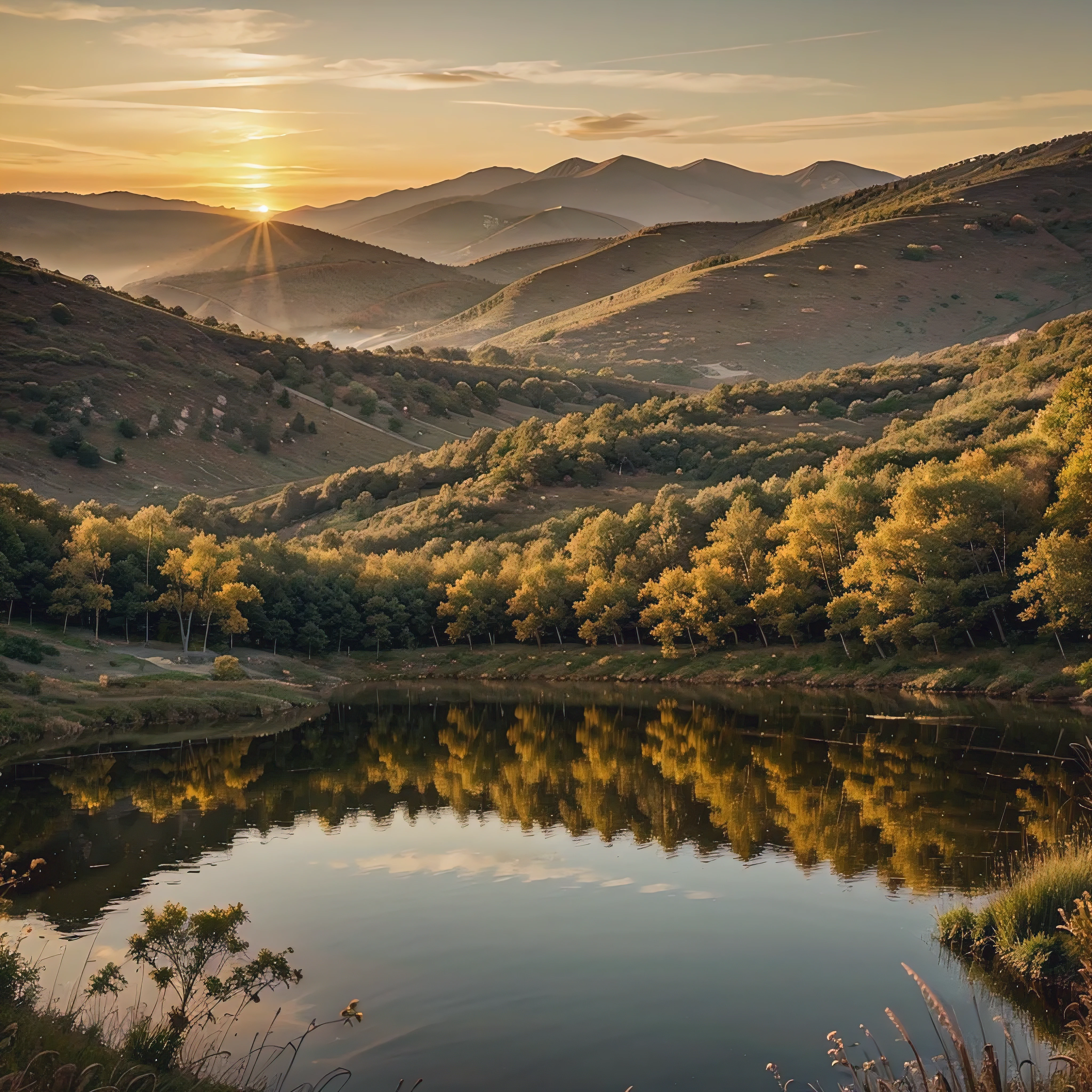 Golden Hour Glow: A serene landscape with the sun setting or rising, casting a warm, golden glow over rolling hills or a tranquil lake.