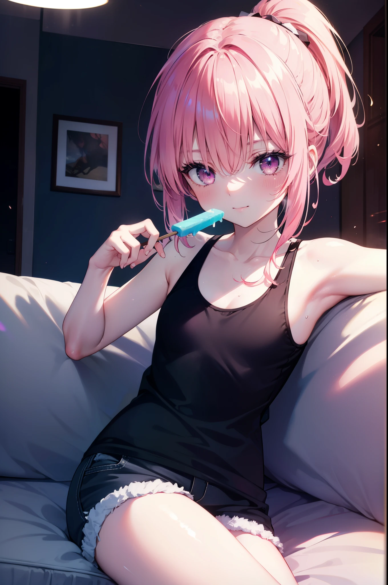 nana devilk,  That Deviluke, tooth, long hair, (pink eyes:1.5), pink hair, tail, (flat chest:1.2), smile,blush,ponytail,Tank top,shorts,barefoot,sitting on the sofa,A girl holding a popsicle in her right hand and eating it，
break indoors,indoor ,
break looking at viewer, (cowboy shot:1.5),
break (masterpiece:1.2), highest quality, High resolution, unity 8k wallpaper, (figure:0.8), (beautiful detailed eyes:1.6), extremely detailed face, perfect lighting, extremely detailed CG, (perfect hands, perfect anatomy),