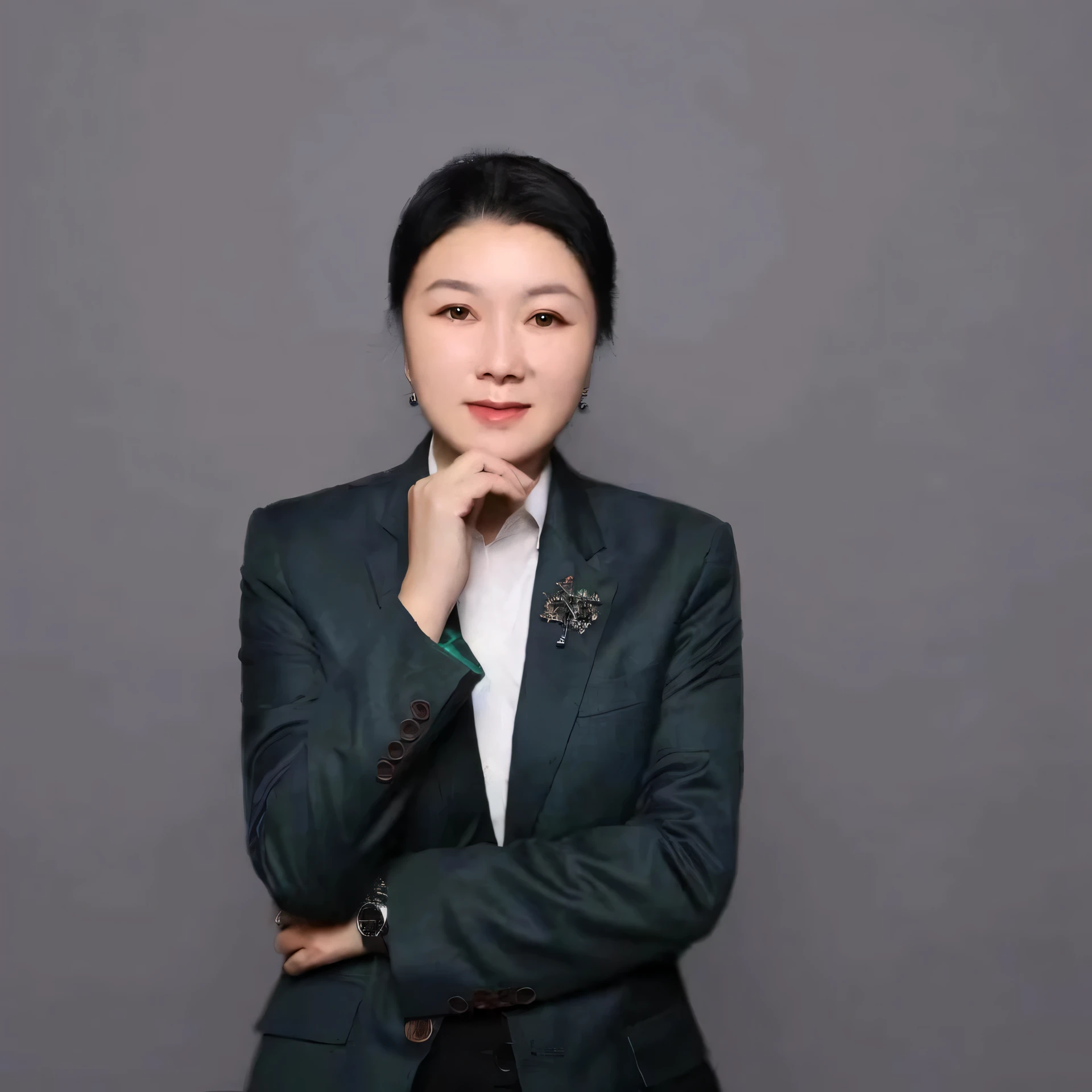arafed woman in a black suit and white shirt posing for a picture, pengzhen zhang, li zixin, yun ling, jinyiwei, chengyou liu, xintong chen, qifeng lin, wenfei ye, xiaofan zhang, xue han, xiaolong wang, wei wang, qichao wang, qiu fang