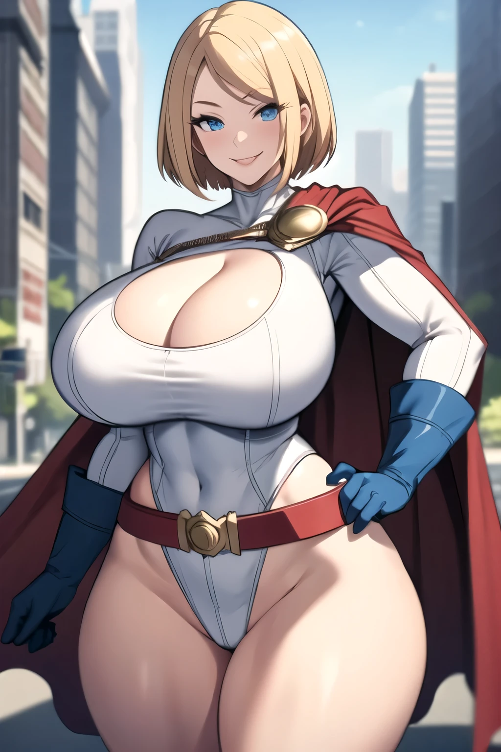 masterpiece, best quality,  pwrgirl, cape, leotard, cleavage cutout, long sleeves, blue gloves, red belt, gigantic breasts, city, looking at viewer, cowboy shot, seductive smile, hand to hip, curvy, blonde hair, blue eyes