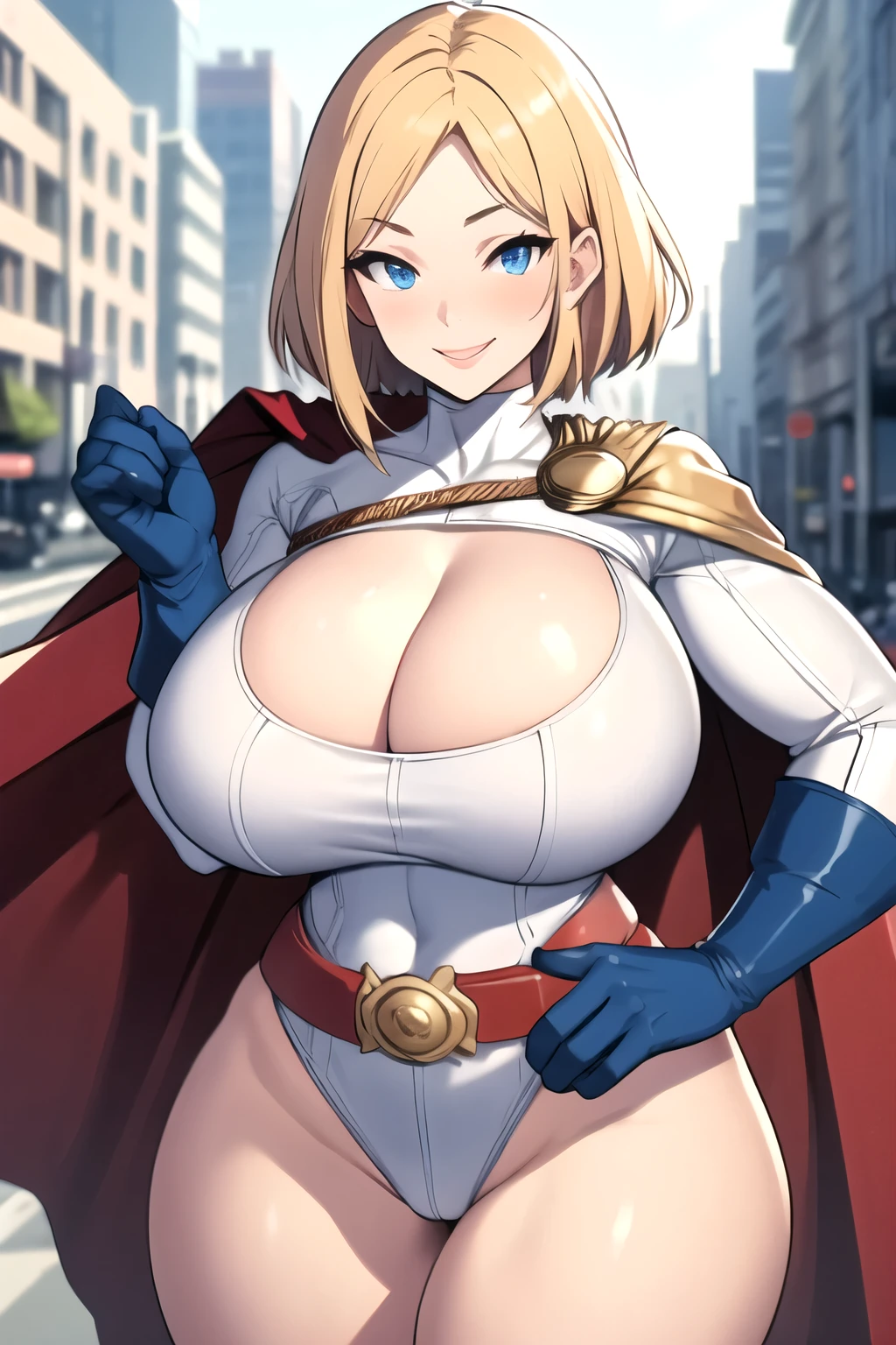 masterpiece, best quality,  pwrgirl, cape, leotard, cleavage cutout, long sleeves, blue gloves, red belt, gigantic breasts, city, looking at viewer, cowboy shot, seductive smile, hand to hip, curvy, blonde hair, blue eyes