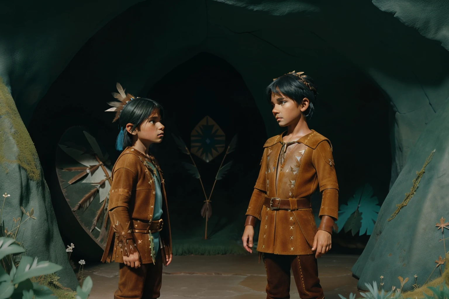 Fairytale Kingdom of Fantasia. ((((10-year-old)) Atreyu)), olive green skin, tall, athletic, brave, wise, ((worried expression)), inside a magical cave, with a friend. ((((suede and leather indigenous clothings)))), ((blueish-black hairstyle)).