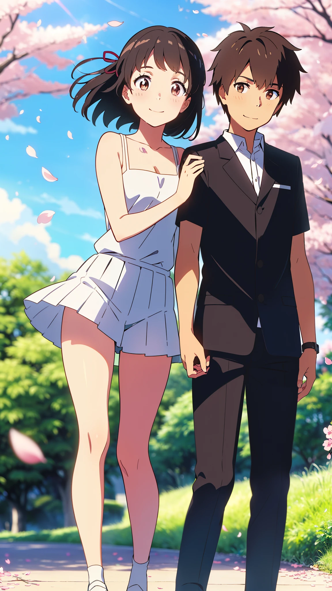 shinkai makoto, kimi no na wa., 1girl, 1boy, bangs, black hair, ((boy wear white clothes, shorts)), ((girl wear white dress, short dress, pleated skirt, red headband), blush, bright eyes, brown eyes, red ribbon, short hair, smile, cute, beautiful, love, adorable, couple, dating, shiny skin, looking at the viewer, short sleeves, cherry_blossoms, falling_petals, petals, branch, pink_flower, sky, sunlight, spring_season, wind, tree