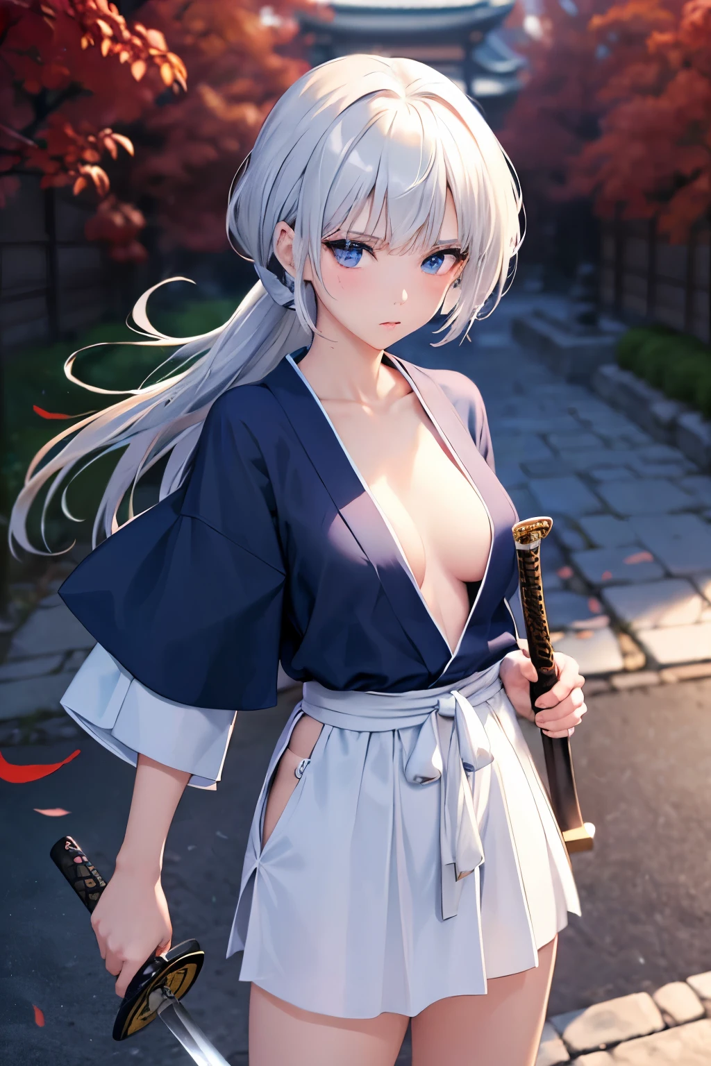 （（high quality、masterpiece、detailed、normal body、５This finger、Precise、delicate））、beautiful girl swordsman（（C cup、Holds a Japanese sword in the right hand、holding the scabbard in the left hand、silver hair））、black racy robe、Black and white bra、white racy mini skirt、wielding a Japanese sword、unsheathed sword、Absence、Good Japanese sword、Blade length 80cm、Scabbard 82cm、pulls out a Japanese sword from its sheath、mowing down、Feminization:1.7