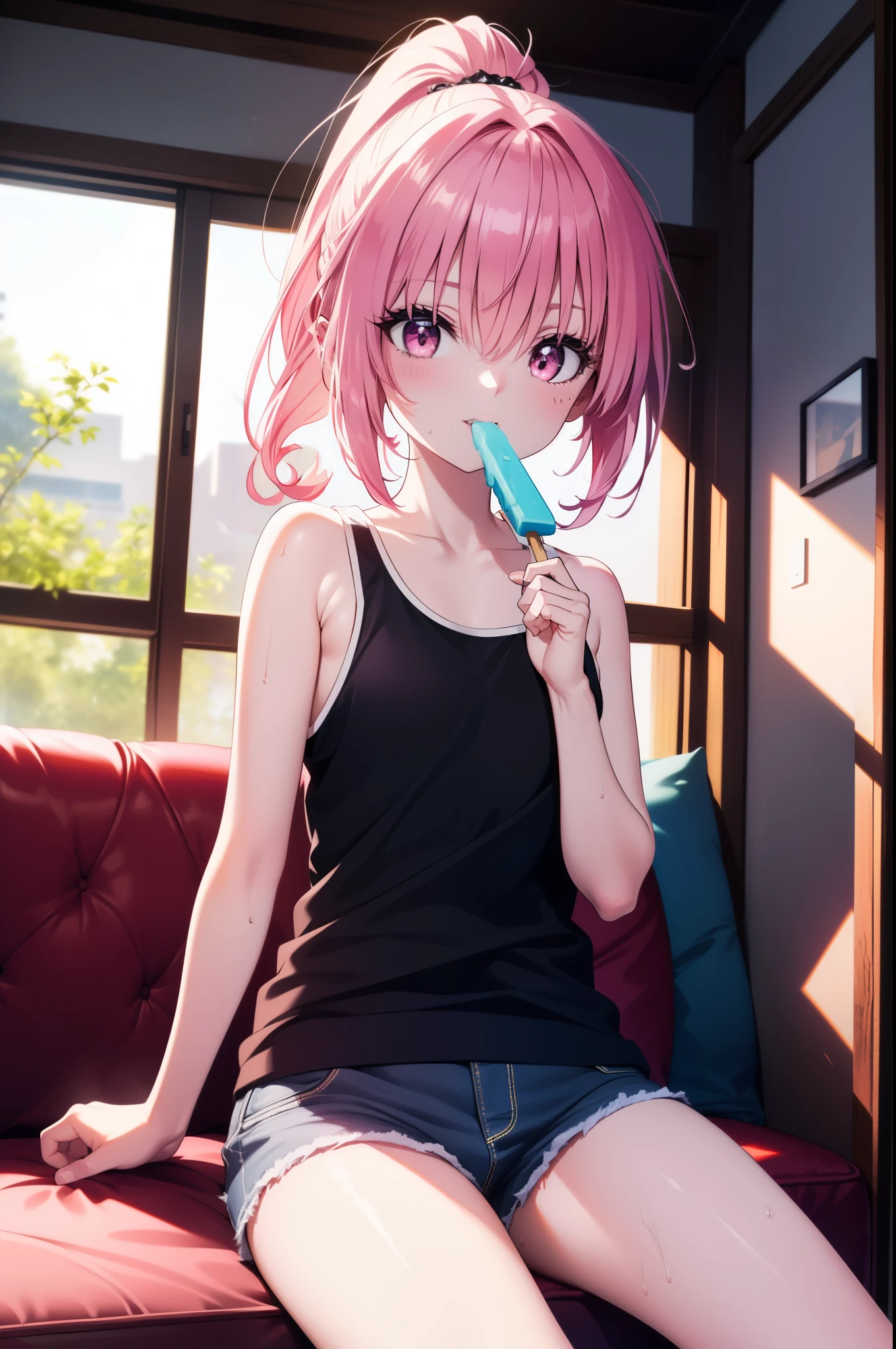 nana devilk,  That Deviluke, tooth, long hair, (pink eyes:1.5), pink hair, tail, (flat chest:1.2), smile,blush,ponytail,Tank top,shorts,barefoot,sitting on the sofa,A girl holding a popsicle in her right hand and eating it，
break indoors,indoor ,
break looking at viewer, (cowboy shot:1.5),
break (masterpiece:1.2), highest quality, High resolution, unity 8k wallpaper, (figure:0.8), (beautiful detailed eyes:1.6), extremely detailed face, perfect lighting, extremely detailed CG, (perfect hands, perfect anatomy),