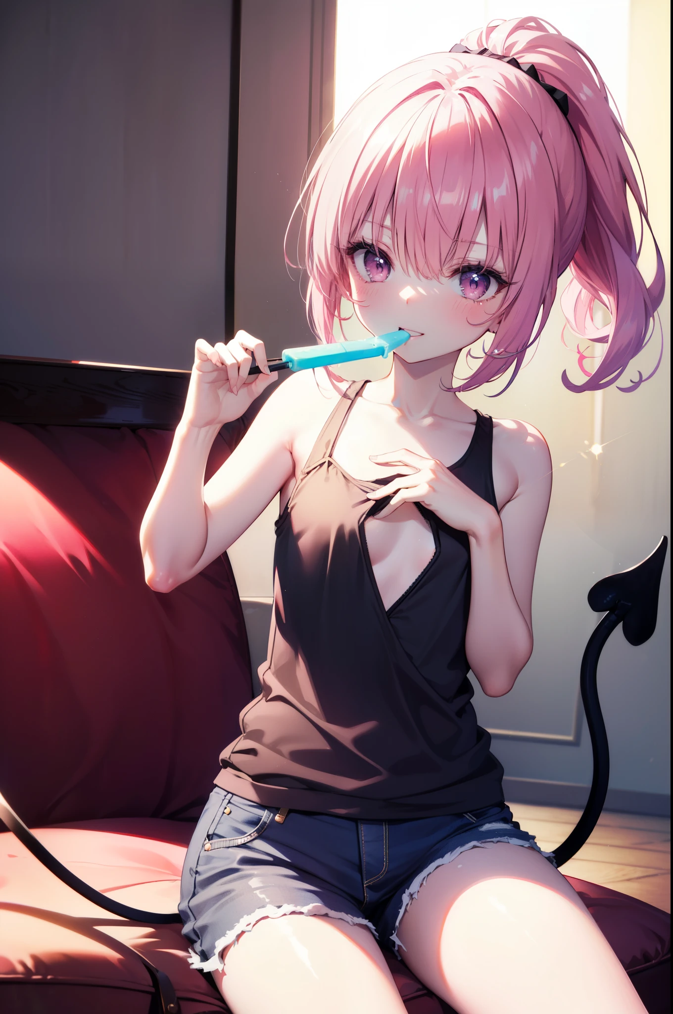 nana devilk,  That Deviluke, tooth, long hair, (pink eyes:1.5), pink hair, tail, (flat chest:1.2), smile,blush,ponytail,Tank top,shorts,barefoot,sitting on the sofa,A girl holding a popsicle in her right hand and eating it，
break indoors,indoor ,
break looking at viewer, (cowboy shot:1.5),
break (masterpiece:1.2), highest quality, High resolution, unity 8k wallpaper, (figure:0.8), (beautiful detailed eyes:1.6), extremely detailed face, perfect lighting, extremely detailed CG, (perfect hands, perfect anatomy),