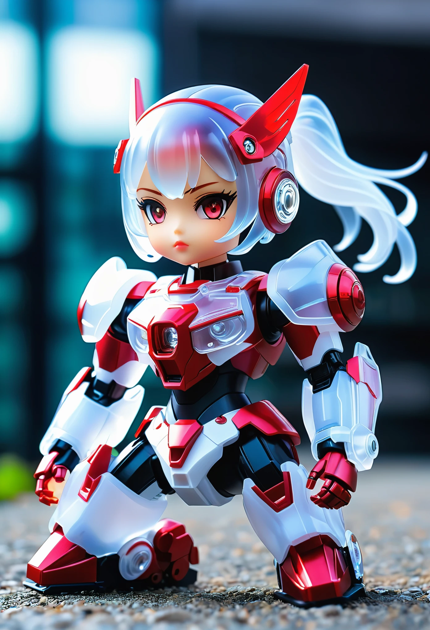 (Blind box toy style:1.2),kawaii doll, huge (translucent mechanical girl:1.2) Mechanical warriors contain a large number of electronic components, Luminous electronic eye. The mecha stands on the ground in a combat posture. white and red color scheme.(Ray tracing, Well-designed, high detail, masterpiece, best quality, ultra high definition)