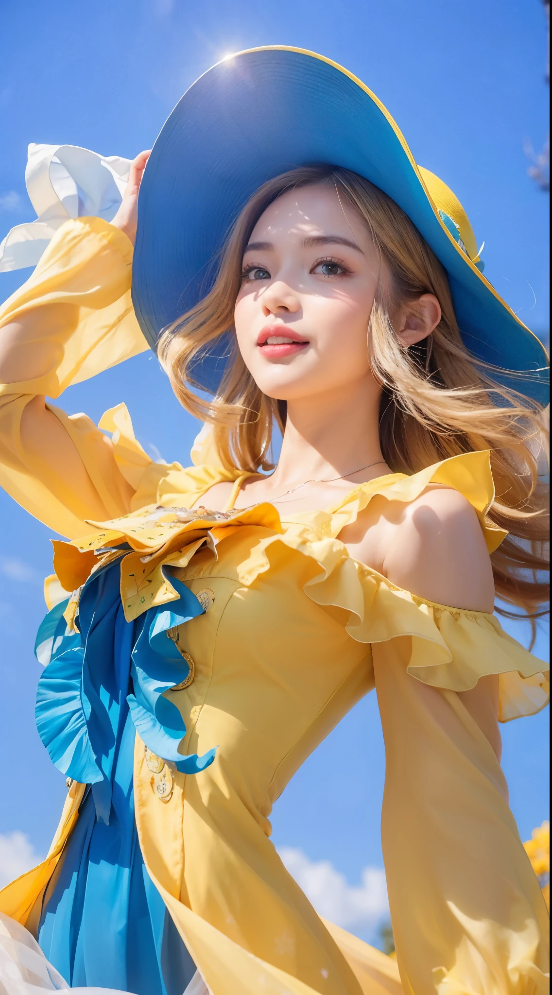 1girl in a yellow dress and blue hat,(best quality,4k,8k,highres,masterpiece:1.2),ultra-detailed,(realistic,photorealistic,photo-realistic:1.37),elegant yellow skin,blonde long hair,smiling,vivid blue eyes,detailed eyelashes,dewy complexion,youthful appearance,sunny disposition,glowing cheeks,green grass background,flower-filled garden,golden sunlight streaming through the trees,butterflies fluttering around the girl,playful breeze rustling her hair and dress,playful expression,relaxed posture,joyful energy,summery atmosphere,happy and carefree vibes,colorful flowers in her hands,bright yellow dress with intricate patterns,blue hat with a wide brim,soft sunlight casting gentle shadows,subtle warm tones,serene and peaceful surroundings
