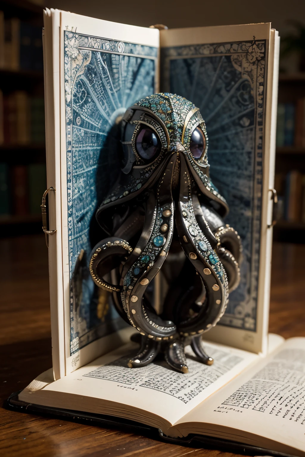Imagine a pop-up book, where a meticulously crafted 7 color Shiny octopus cut-out emerges from its pages. Its intricate design, with finely cut tentacles and bright, shimmering eyes, captivates readers, drawing them into the enchanting world of the book, ,BookScenic,glass shiny style