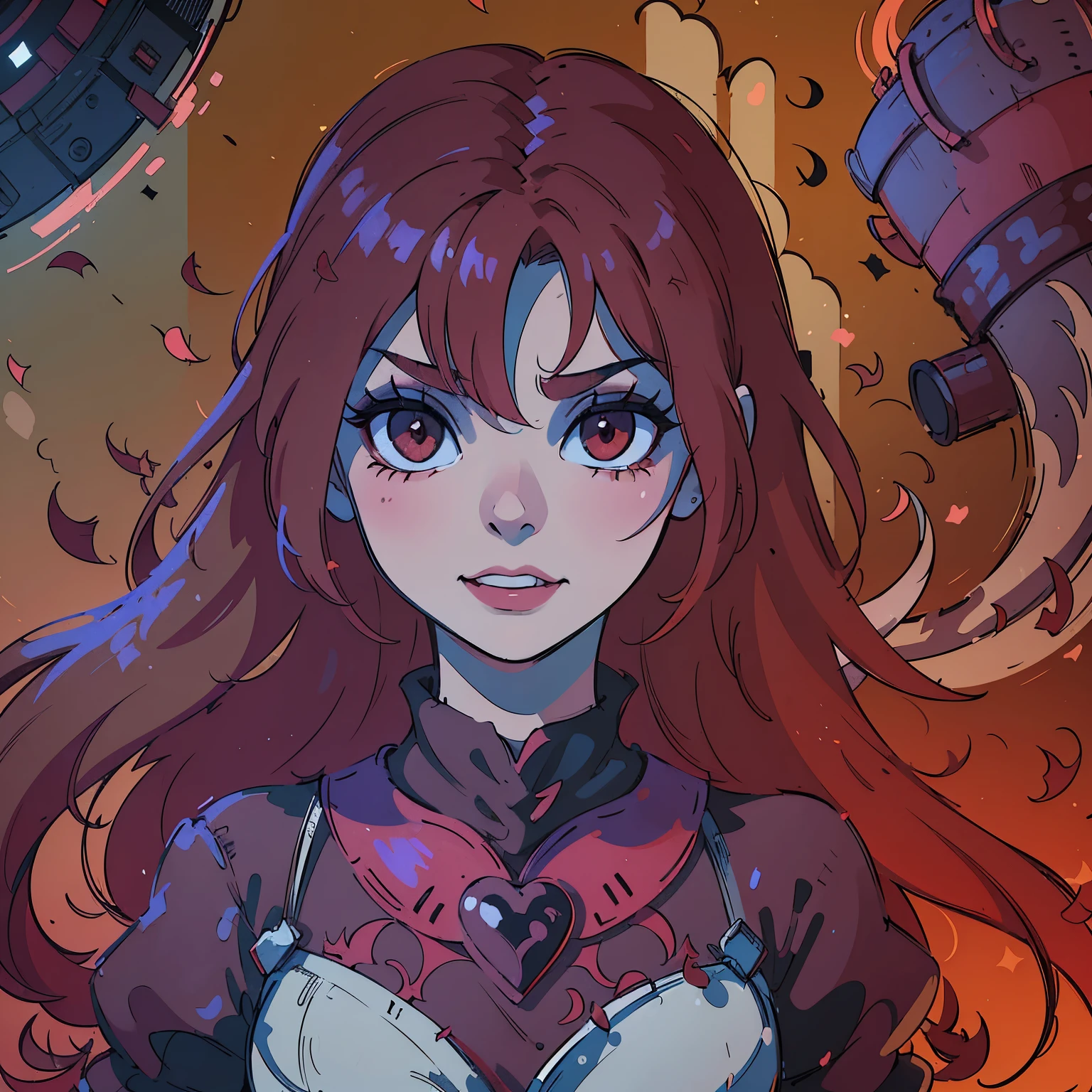 (best quality,4k,8k,highres,masterpiece:1.2),ultra-detailed,(realistic,photorealistic,photo-realistic:1.37),blood red hair,blood red eyes,extremely detailed eyes and face,lighter skin,vivid colors,dark shadows,dramatic lighting,gothic,horror,portrait,very red hair,beautiful nose,smile, Do not alter the hair fringe,Red lipstick, smile with beautiful teeth, Regular mouth not too big, A cruel genocidal villain with a sinister smile stands in a vibrant Wonderland. The girl possesses striking red hair and captivating red eyes, enhancing her beauty. She is adorned in a regal outfit befitting a princess, with a deck of hearts as her symbol. The anime-inspired art style brings out the cute yet powerful essence of the scene, emphasizing the contrast between innocence and darkness. The color scheme predominantly features shades of red, creating a visually striking and intense atmosphere. The lighting highlights the villain's face, casting mysterious shadows while illuminating their menacing grin. The artwork is of the highest quality, offering ultra-detailed and realistic visuals.