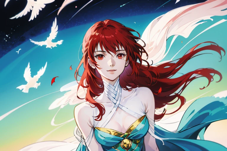 Goddess of the Earth、Spirit God Rubis、A delicate woman with long wavy red hair and red eyes.、wears thin cloth clothing、sitting on the floor、smile、Looking up at the sky and praying、Background of a single white bird flying in the blue sky、