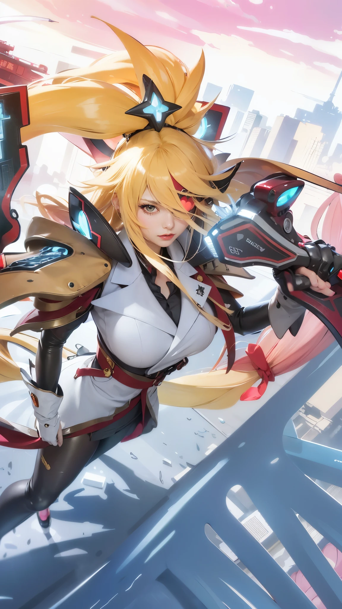 (8k, RAW photo, photorealistic:1.25) ,( lipgloss, eyelashes, gloss-face, glossy skin, best quality, ultra highres, depth of field, chromatic aberration, caustics, Broad lighting, natural shading, 1girl, cute face, anime - style image of a woman with a gun and a helmet, guilty gear strive splash art, guilty gear art style, of a ramlethal valentine, braids, eye patch, left eyepatch