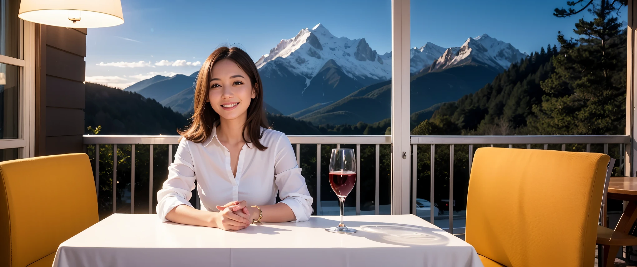 K, Hmm, highest quality, masterpiece: 1.2), (realistic, photorealistic: 1.37), Spectacular view of the sunset sKy and clouds、Amazing mountain views、slimな美女3名, (slimフェイス),Happy、 最高なsmile、Fox face、Berry Short、(because I&#39;thin), (brown hair), (shortcut), long sleeve shirt、winter fashion、Colombian、Brazilian、Japanese、Dutch、German、Portuguese、Belgian、Italian、French,Champagne、sparKling wine、 (squirt), (slimボティ), (brown hair), (shortcut), neat beauty、cheeKs turn a little red, (35 years old), 38 years old, alone, A beautiful and detailed night view spreads out outside the window....., restaurant, wine glassが座っている, At night, in a prominent place (from the Upper body) nova frog style, actress, model, Upper body, White wine, slim, wine glass, Very beautiful night view, wine glass Put in the Middle, Happy smile, (smile: 1.15), 