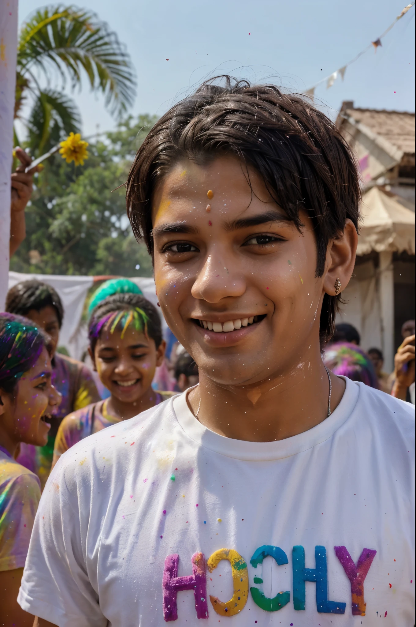 create a high quality realistic 3d image, where a 20 year old smiling boy playing Holi splashing color water enjoying ,wearing white Tshirt on which Name "Ajay" is written in bold letters. In the background, there are many people and children playing Holi with enthusiasm, Holi like environment around, image with 4k resolution, ultra realistic image, the words "Happy Holi" is written with color letters at top sky.