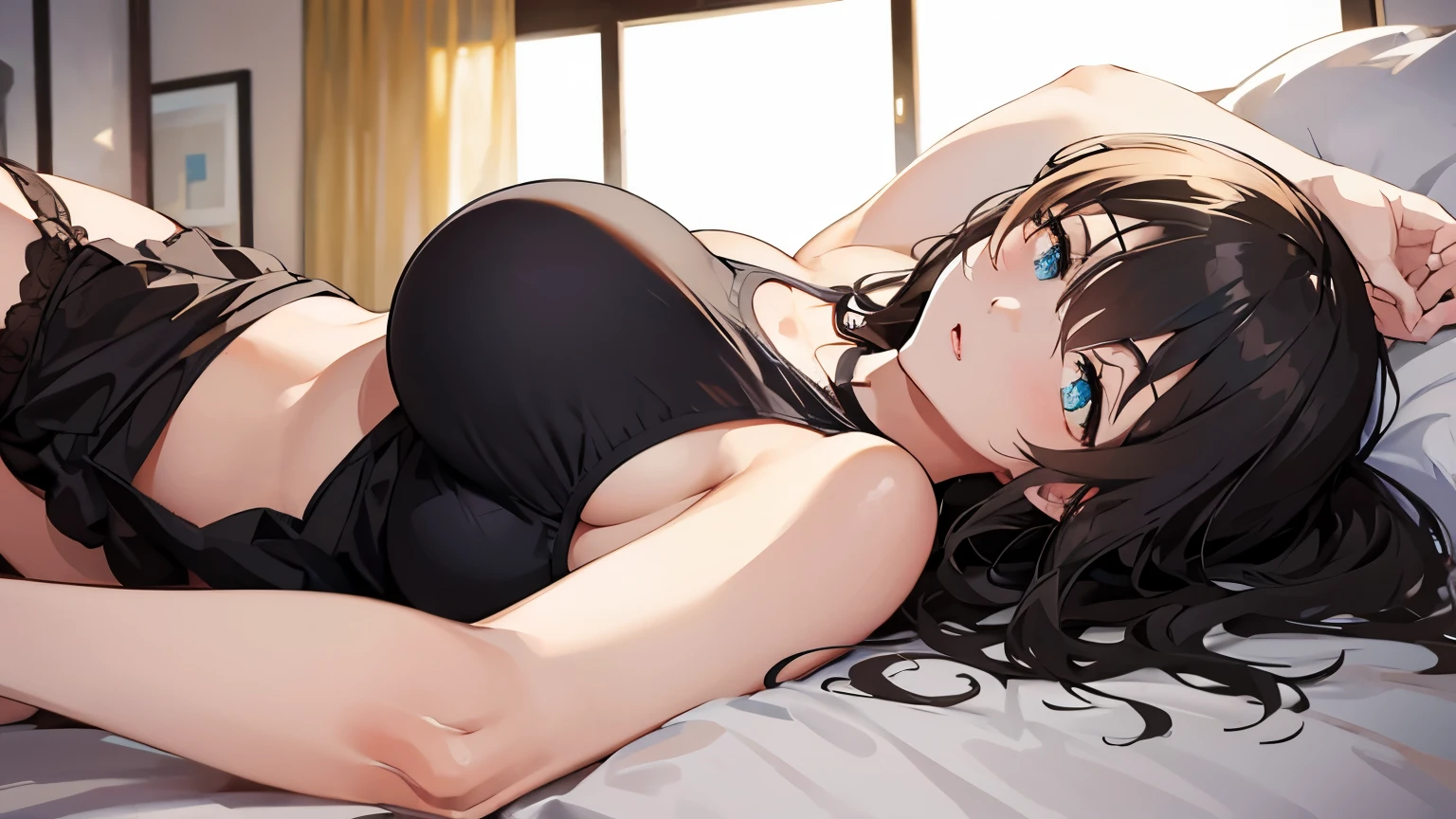 1girl, huge breasts, lying on bed, from below