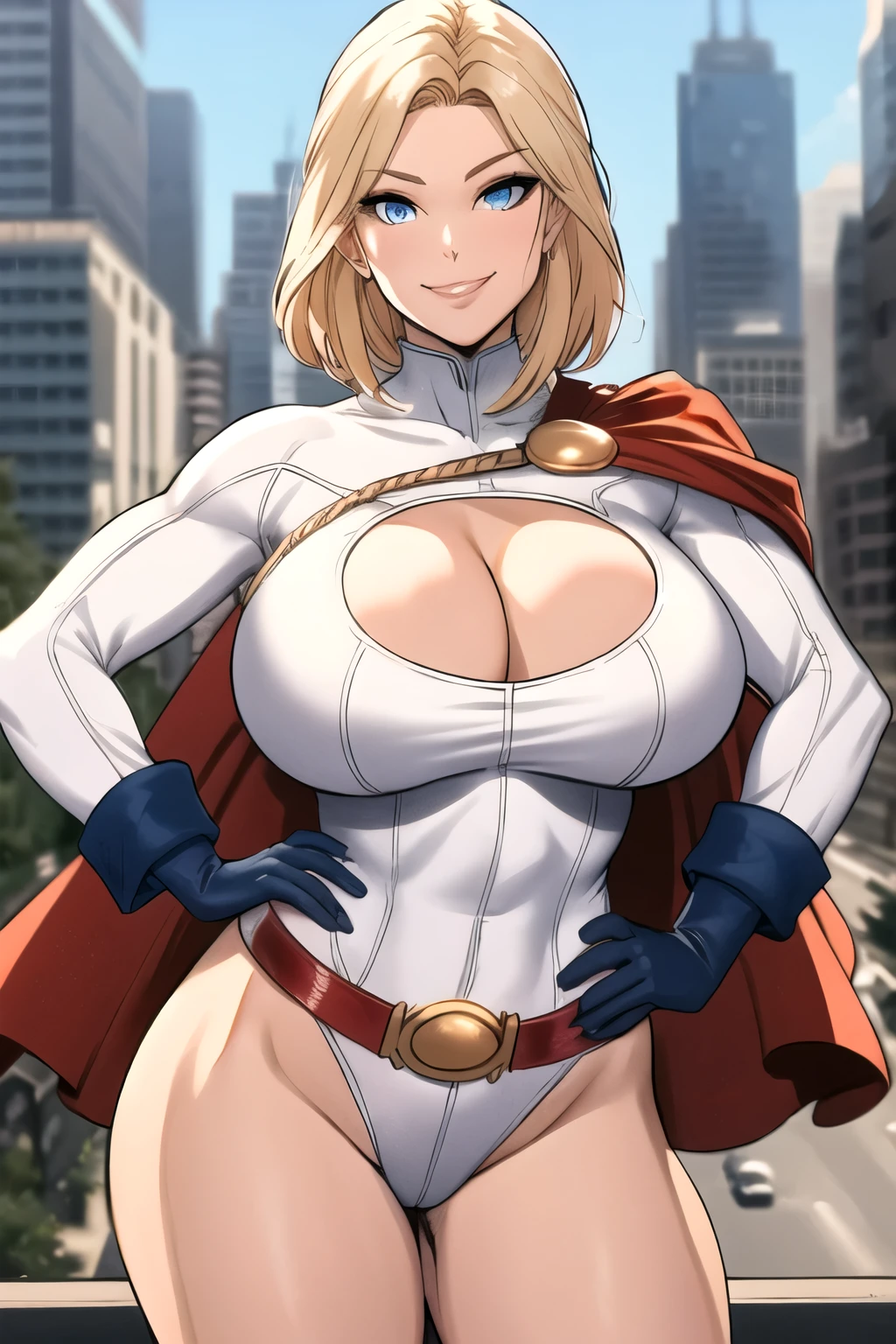 masterpiece, best quality,  pwrgirl, cape, leotard, cleavage cutout, long sleeves, blue gloves, red belt, gigantic breasts, city, looking at viewer, cowboy shot, seductive smile, hand to hip, curvy, blonde hair, blue eyes