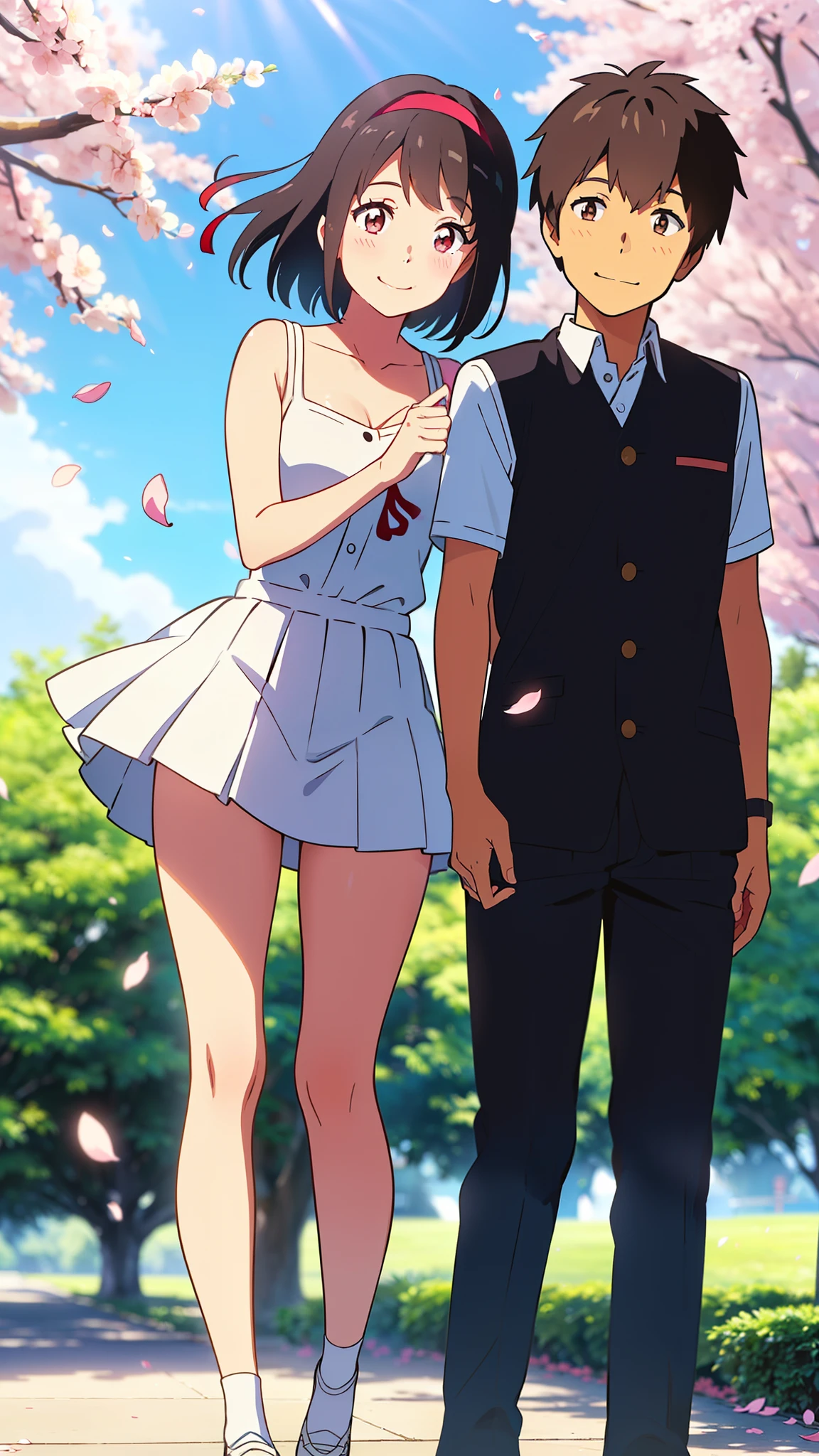 shinkai makoto, kimi no na wa., 1girl, 1boy, bangs, black hair, ((boy wear white clothes, shorts)), ((girl wear white dress, short dress, pleated skirt, red headband), blush, bright eyes, brown eyes, red ribbon, short hair, smile, cute, happy, beautiful, love, adorable, couple, dating, shiny skin, looking at the viewer, short sleeves, cherry_blossoms, falling_petals, petals, branch, pink_flower, sky, sunlight, spring_season, wind, tree