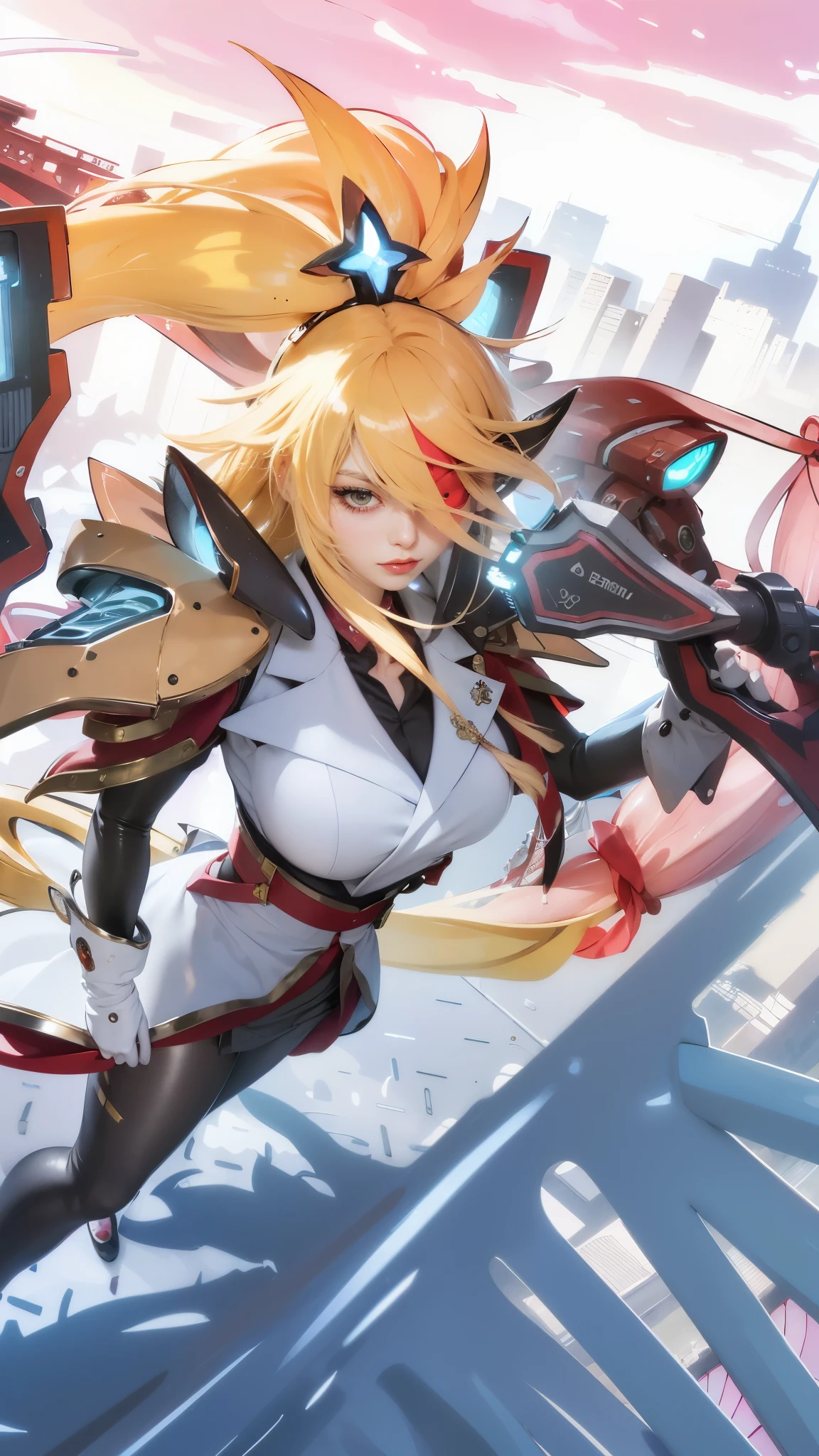 (8k, RAW photo, photorealistic:1.25) ,( lipgloss, eyelashes, gloss-face, glossy skin, best quality, ultra highres, depth of field, chromatic aberration, caustics, Broad lighting, natural shading, 1girl, cute face, anime - style image of a woman with a gun and a helmet, guilty gear strive splash art, guilty gear art style, of a ramlethal valentine, braids, eye patch, left eyepatch