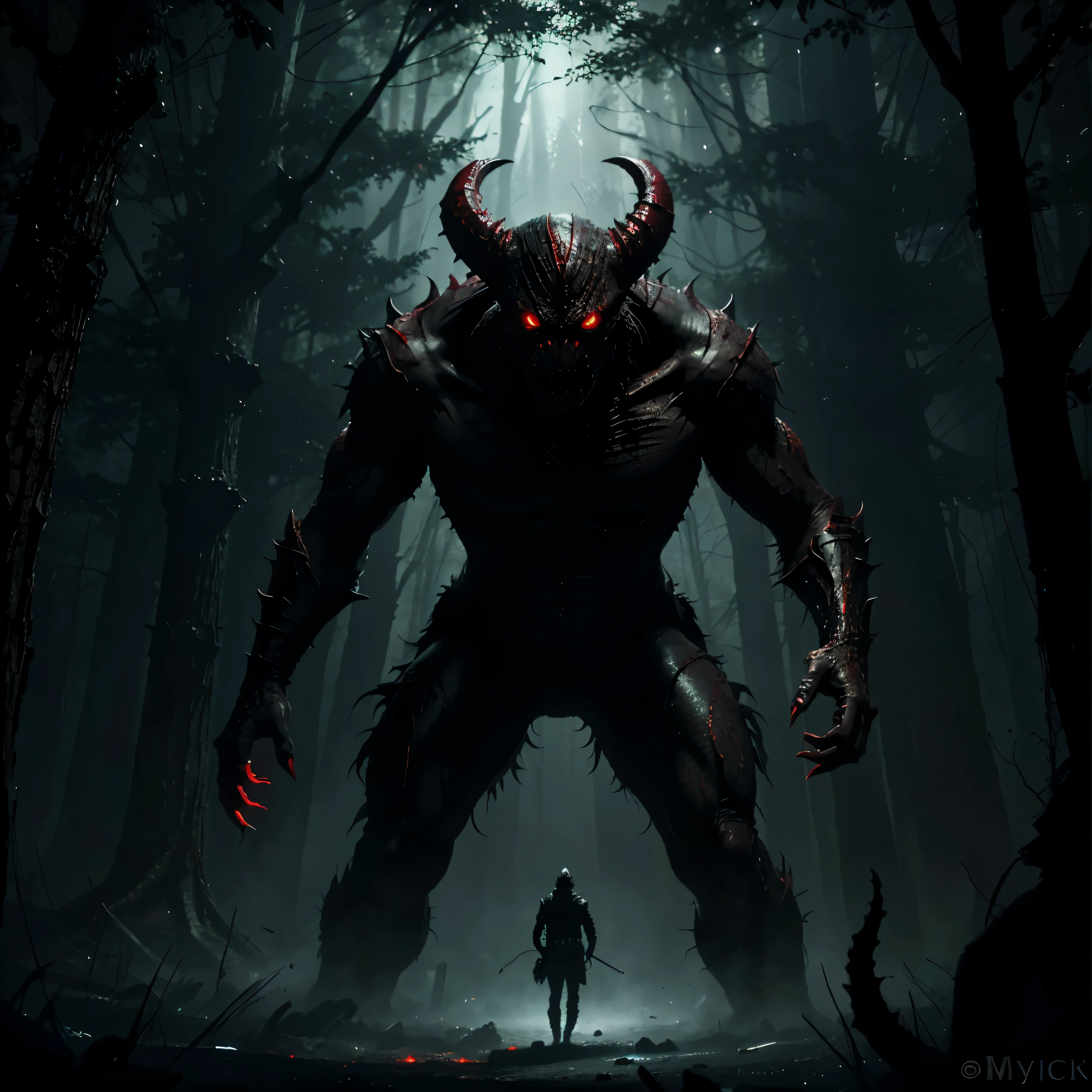 the monster that’s hiding in the dark, cool mythic creature, painting, (lots of detail), power, fear, contrast, lots of glowing red eyes