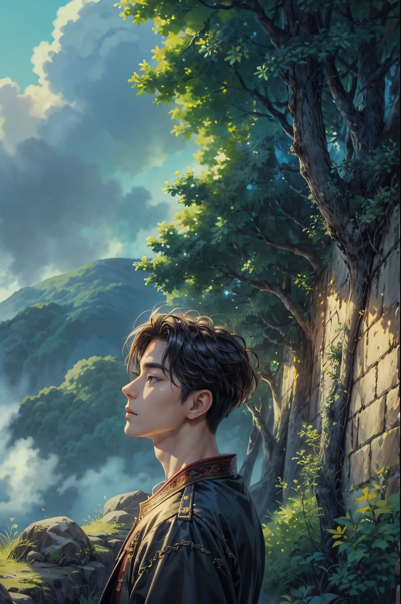 ((Best quality)), ((masterpiece)), (detailed), ((perfect face)), ((face focus)) a prince, a handsome young korean boy and short hair, resides in a cozy cathedral beside the beach, where he channels his creative energy into capturing the enchanting harmony between church and his inner world beach. As day turns to night, the moonlight envelops his canvas, revealing a breathtaking masterpiece that embodies the essence of his soul's journey and the beauty he discovers within himself."