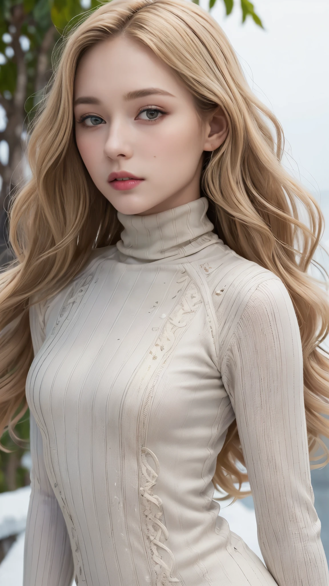 ((best quality, 8 thousand, masterpiece:1.4)), (20 year old woman), ((very small face:1.3)), Highly detailed face and skin textures, detailed eyes, (Italian woman), (blonde wavy very long hair:1.3), (Turtleneck long sleeve neck polar dress:1.4), beautiful bridge, glamorous body, white background, thighs, Transparent stockings, very big breasts,