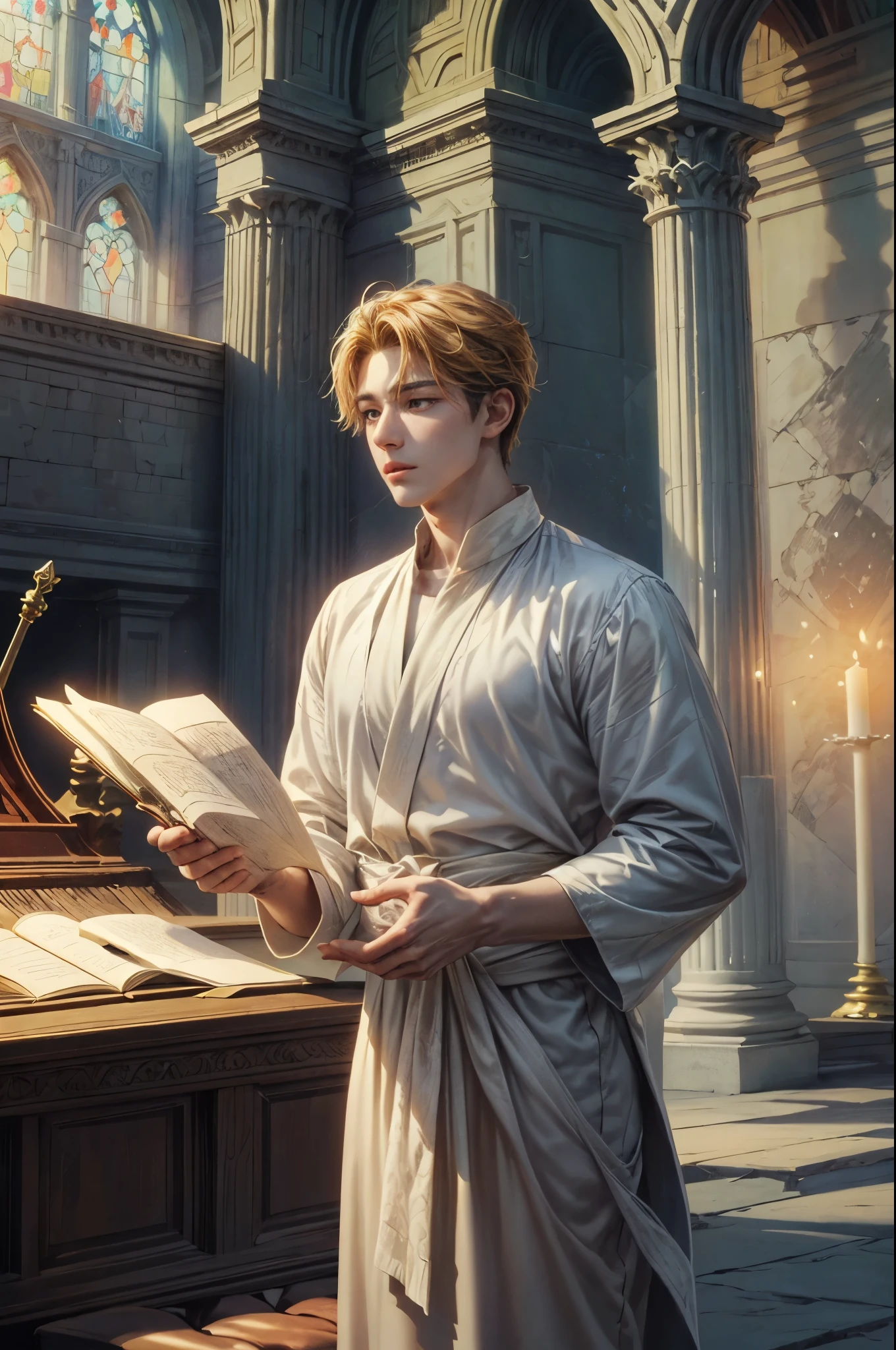 ((Best quality)), ((masterpiece)), (detailed), ((perfect face)), ((face focus)) a prince, a handsome young korean boy and short hair, resides in a cozy cathedral beside the beach, where he channels his creative energy into capturing the enchanting harmony between church and his inner world beach. As day turns to night, the moonlight envelops his canvas, revealing a breathtaking masterpiece that embodies the essence of his soul's journey and the beauty he discovers within himself."