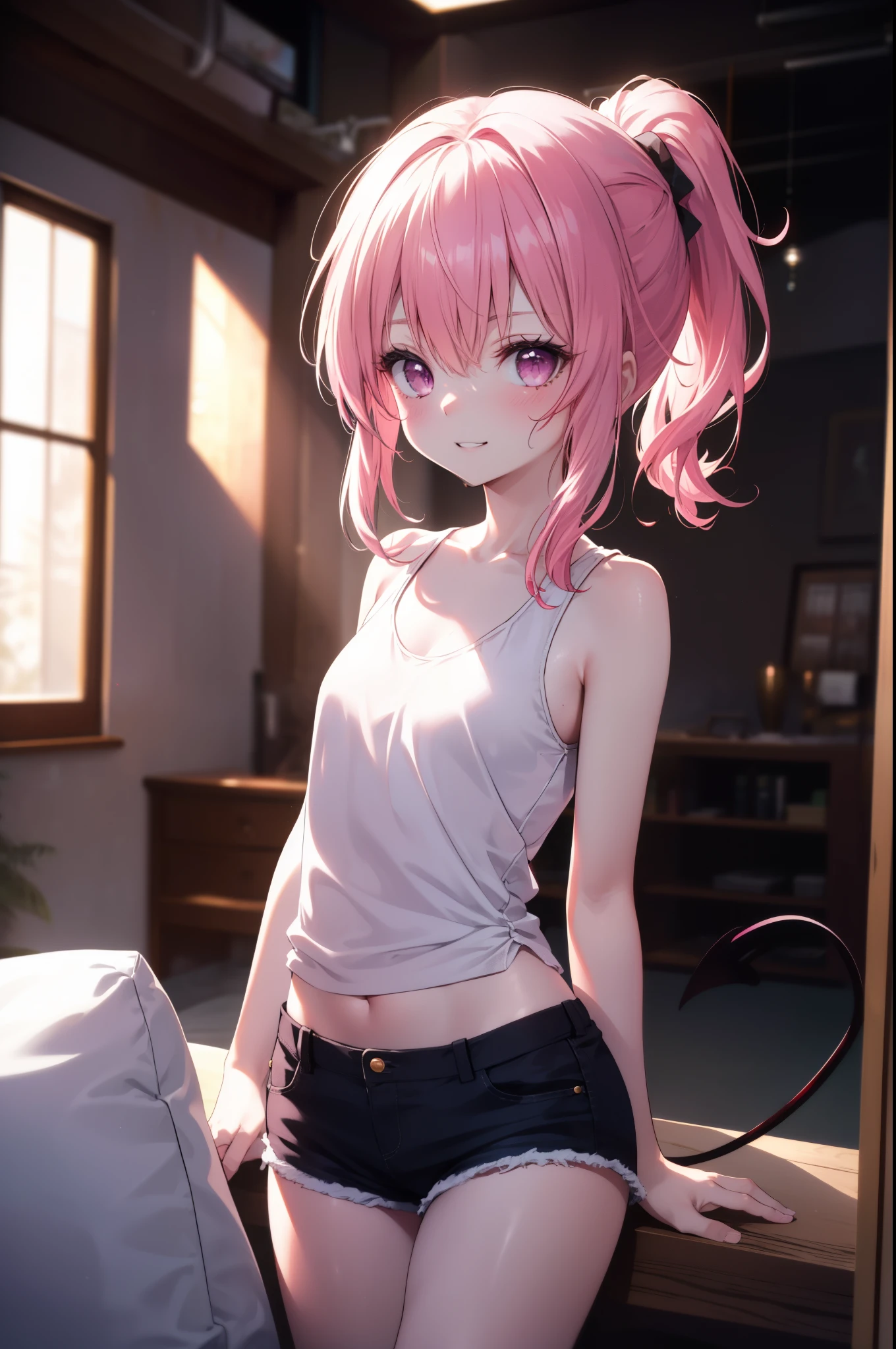 nana devilk,  That Deviluke, tooth, long hair, (pink eyes:1.5), pink hair, demon tail, (flat chest:1.2), smile,blush,ponytail,Tank top,shorts,barefoot,sitting on the sofa,A girl holding a popsicle in her right hand and eating it，
break indoors,indoor ,
break looking at viewer, (cowboy shot:1.5),
break (masterpiece:1.2), highest quality, High resolution, unity 8k wallpaper, (figure:0.8), (beautiful deしっぽed eyes:1.6), extremely deしっぽed face, perfect lighting, extremely deしっぽed CG, (perfect hands, perfect anatomy),