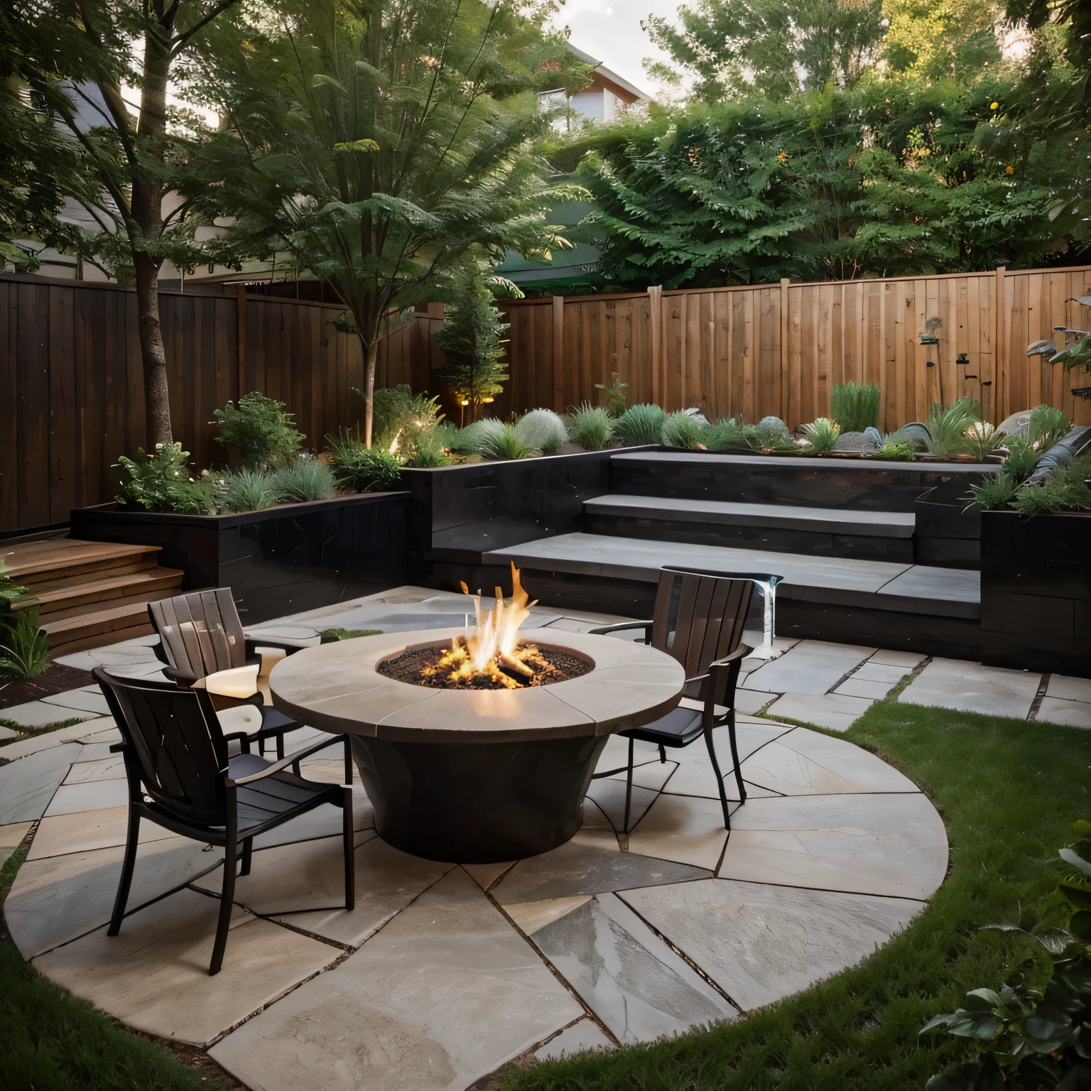 A well-designed outdoor space with various landscaping elements.