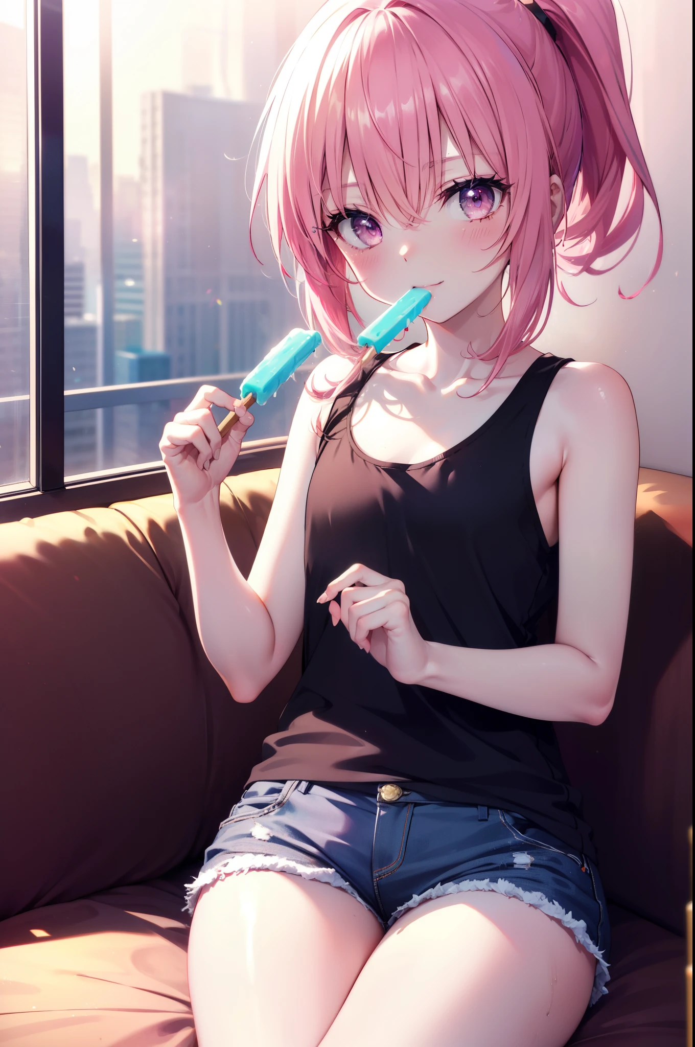 nana devilk,  That Deviluke, tooth, long hair, (pink eyes:1.5), pink hair, tail, (flat chest:1.2), smile,blush,ponytail,Tank top,shorts,barefoot,sitting on the sofa,A girl holding a popsicle in her right hand and eating it，
break indoors,indoor ,
break looking at viewer, (cowboy shot:1.5),
break (masterpiece:1.2), highest quality, High resolution, unity 8k wallpaper, (figure:0.8), (beautiful detailed eyes:1.6), extremely detailed face, perfect lighting, extremely detailed CG, (perfect hands, perfect anatomy),