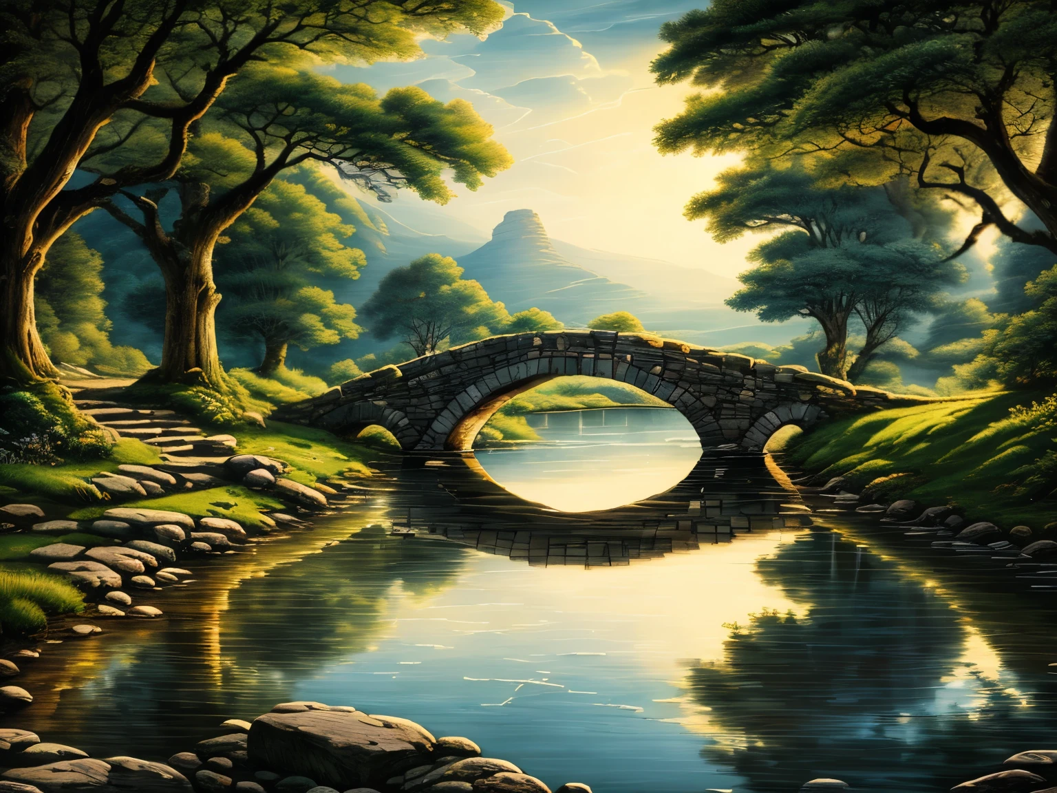 (((best quality))),(((ultra detailed))),(((masterpiece))),illustration,ancient stone bridge,round stone bridge,staring,distant plains,dusk,flowing water,tall ancient trees, ancient stone sidewalk, sidewalk connecting to the bridge