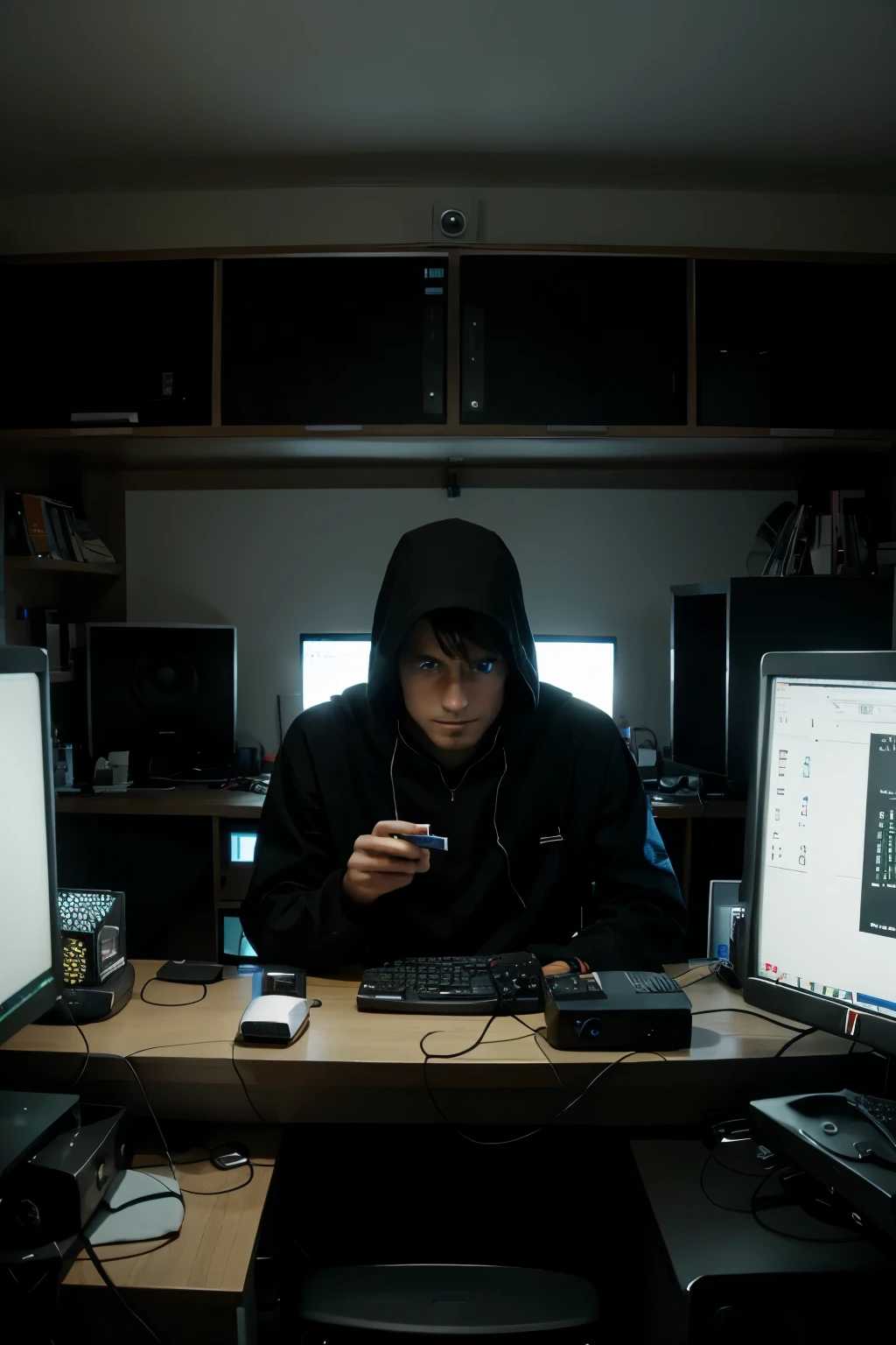 hacker in his room where there are many computers looking at the camera