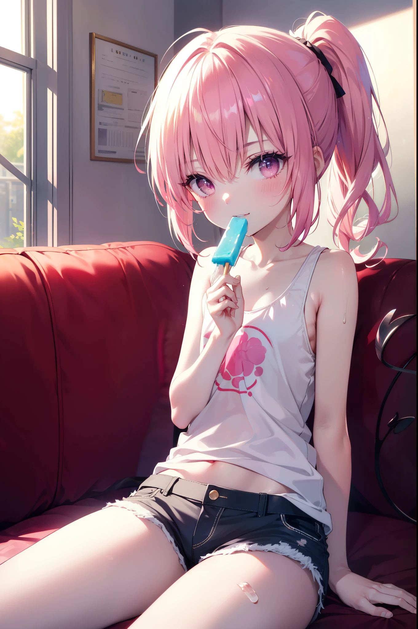 nana devilk,  That Deviluke, tooth, long hair, (pink eyes:1.5), pink hair, tail, (flat chest:1.2), smile,blush,ponytail,Tank top,shorts,barefoot,sitting on the sofa,A girl holding a popsicle in her right hand and eating it，
break indoors,indoor ,
break looking at viewer, (cowboy shot:1.5),
break (masterpiece:1.2), highest quality, High resolution, unity 8k wallpaper, (figure:0.8), (beautiful detailed eyes:1.6), extremely detailed face, perfect lighting, extremely detailed CG, (perfect hands, perfect anatomy),