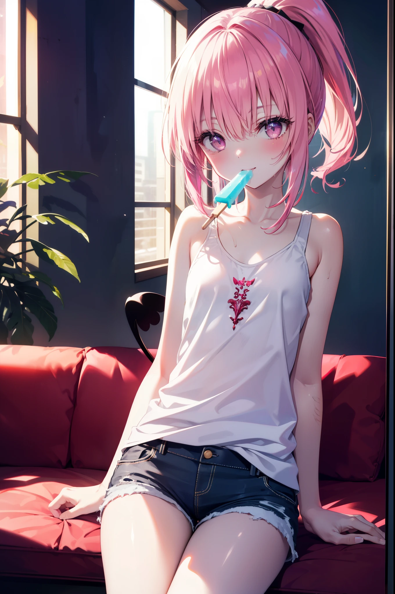 nana devilk,  That Deviluke, tooth, long hair, (pink eyes:1.5), pink hair, tail, (flat chest:1.2), smile,blush,ponytail,Tank top,shorts,barefoot,sitting on the sofa,A girl holding a popsicle in her right hand and eating it，
break indoors,indoor ,
break looking at viewer, (cowboy shot:1.5),
break (masterpiece:1.2), highest quality, High resolution, unity 8k wallpaper, (figure:0.8), (beautiful detailed eyes:1.6), extremely detailed face, perfect lighting, extremely detailed CG, (perfect hands, perfect anatomy),