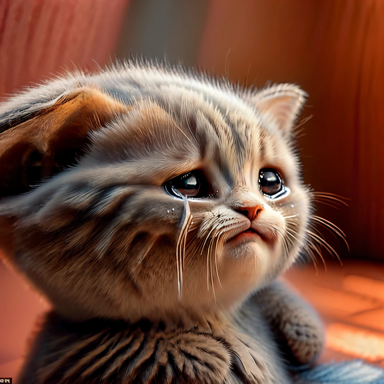 hairy,:3,cry,cat, An emotive sculpture depicting a crying cat in a close-up headshot, capturing the depth of emotion in its tearful eyes and quivering whiskers. The sculpture conveys the feline's inner turmoil and vulnerability, with tears glistening on its fur and a pained expression etched on its face. The intricate details of the sculpture bring the cat's emotional state to life, evoking a sense of empathy and compassion in the viewer. The close-up framing highlights the intensity of the cat's sorrow, inviting viewers to connect with the poignant moment captured in the artwork.