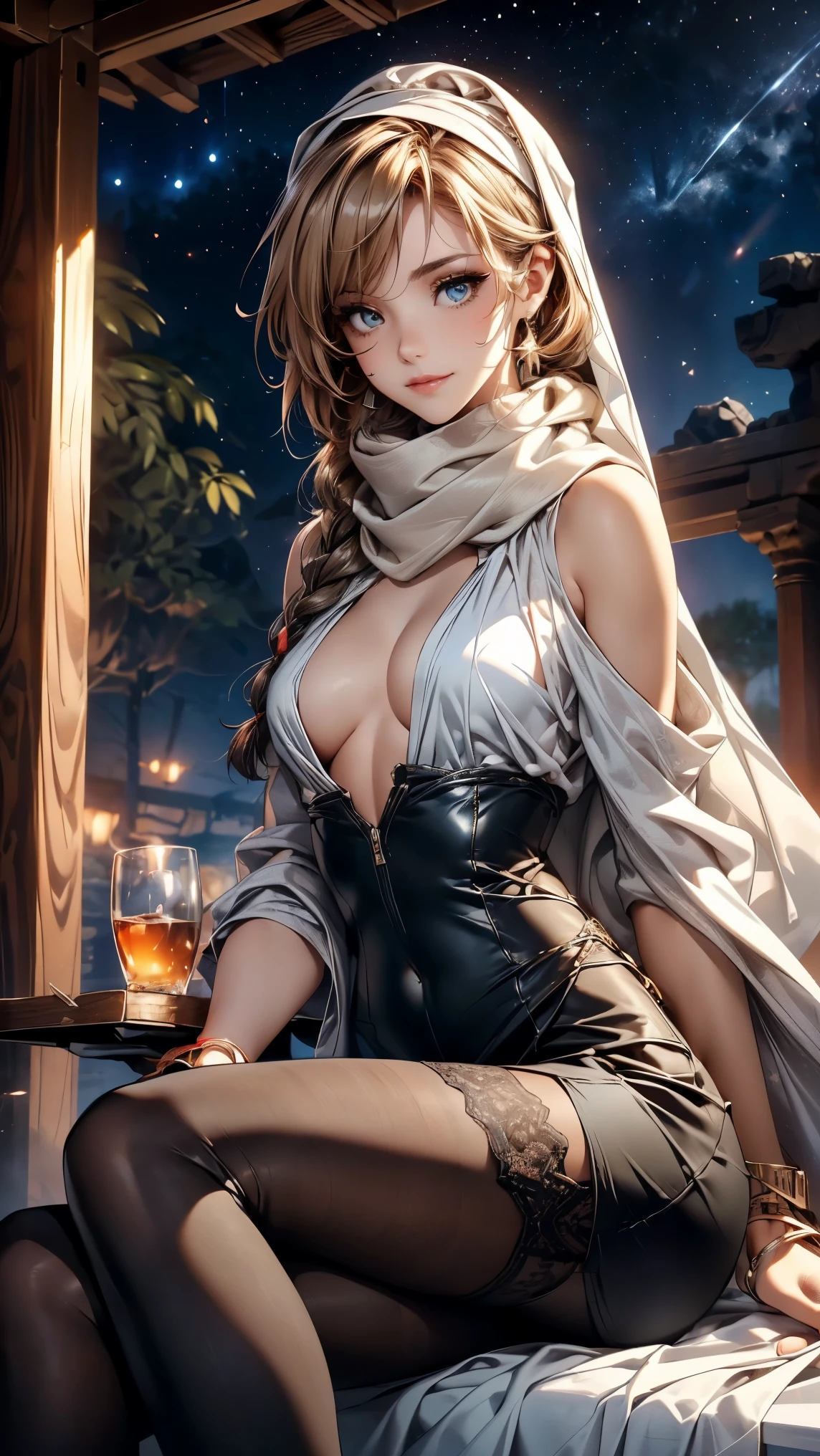(cinema image board:1.3), Mature woman with long black hair and white clothes, (in the rocky desert:1.3), (under the starry sky、rest in an oasis:1.2, Sit in Indian style:1.1, with legs spread:1.5, Open your legs and stand on your knees:1.2, Cross-legged:1.3, with arm pit, in front of Arabic ruins:1.2), Arabic, (post-apocalyptic:0.2), From Arknights, Gwaites style artwork, bodiesbian, small details. girl frontline, beautiful anime illustration, from girl frontline, by ヤン・J, amazing, 26 years old, (mature woman:1.3), (alone:1.5), (software:1.25), saggy breasts, fugue chest, big , thin waist, big ass:1.2, sexy and excited, (dark mahogany medium short hair, up style, hair above one eye, asymmetrical hair, curly hair, low braids),(Muslim, white scarf, hair band, Today my head is, turbaned), (ultra high resolution, 8k RAW写真, photorealistic, Thin contours:1.3, clear focus), best quality, Natural light, textile shading, blurred background, Depth of the bounds written, Bokeh, (bright pupils, Fine and beautiful eyes with highlights:1.3, high definition face), red lip, High quality and realistic skin:1.1, looking down on the audience:1.3, (dynamic angle:1.3, Front view:1.1, chest focus:1.3, from below:1.2), (dynamic posing:1.5, sexy pose:1.2, leaning forward), (enchanting smile:1.3), image centered, (dressed with white long jacket, wearing a white robe:1.3, ((bare chest:1.37)), platinum ornaments, wrap white clothes around your waist, camel brown long leather boots:1.3, translucent lace pantyhose), ((correct anatomy:1.5)), ((outdoor:1.2, one night:1.3)),