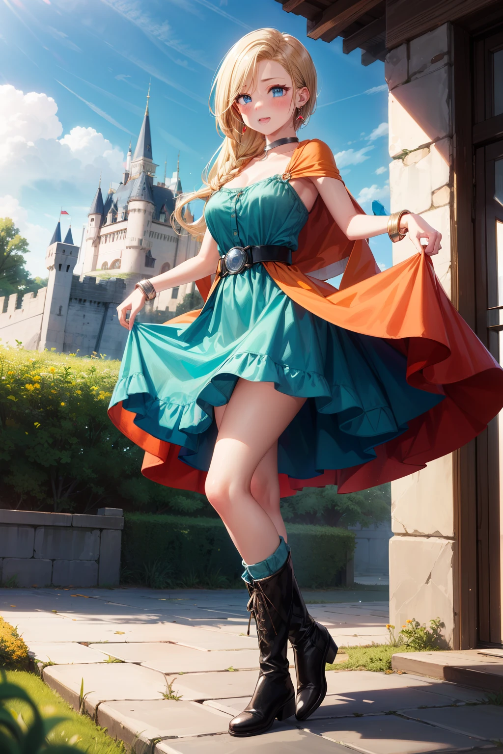 masterpiece,highest quality,High resolution,Super detailed,bianca \(dq5\),blue eyes,long hair,single blade,earrings,choker,orange cloak,green dress,bracelet,belt,boots,(wind lift:1.2),blush,(embarrassing:1.2),outdoor,castle garden,dance