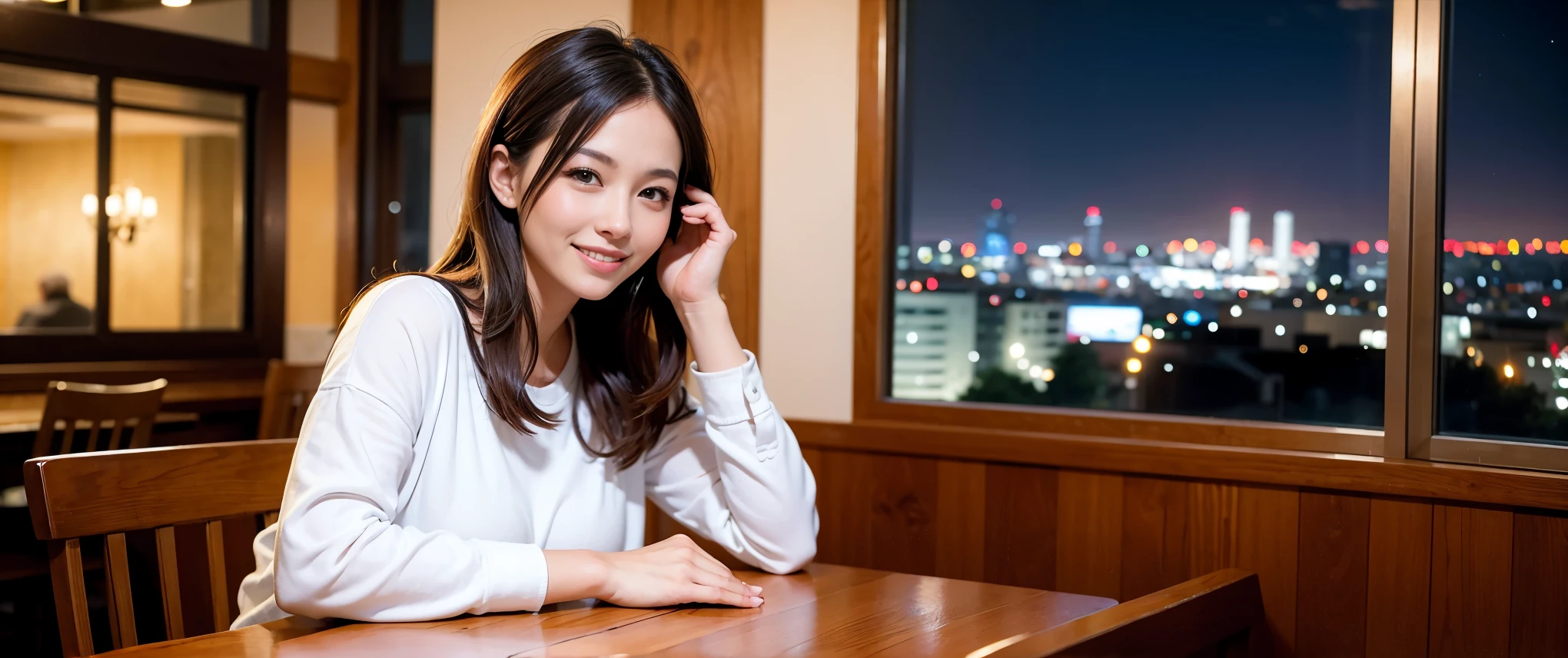 K, Hmm, highest quality, masterpiece: 1.2), (realistic, photorealistic: 1.37), Spectacular view of the sunset sKy and clouds、Amazing mountain views、slimな美女3名, (slimフェイス),Happy、 最高なsmile、Fox face、Berry Short、(because I'thin), (brown hair), (shortcut), long sleeve shirt、winter fashion、Colombian、Brazilian、Japanese、Dutch、German、Portuguese、Belgian、Italian、French,Champagne、sparKling wine、 (squirt), (slimボティ), (brown hair), (shortcut), neat beauty、cheeKs turn a little red, (35 years old), 38 years old, alone, A beautiful and detailed night view spreads out outside the window....., restaurant, wine glassが座っている, At night, in a prominent place (from the Upper body) nova frog style, actress, model, Upper body, White wine, slim, wine glass, Very beautiful night view, wine glass Put in the Middle, Happy smile, (smile: 1.15),