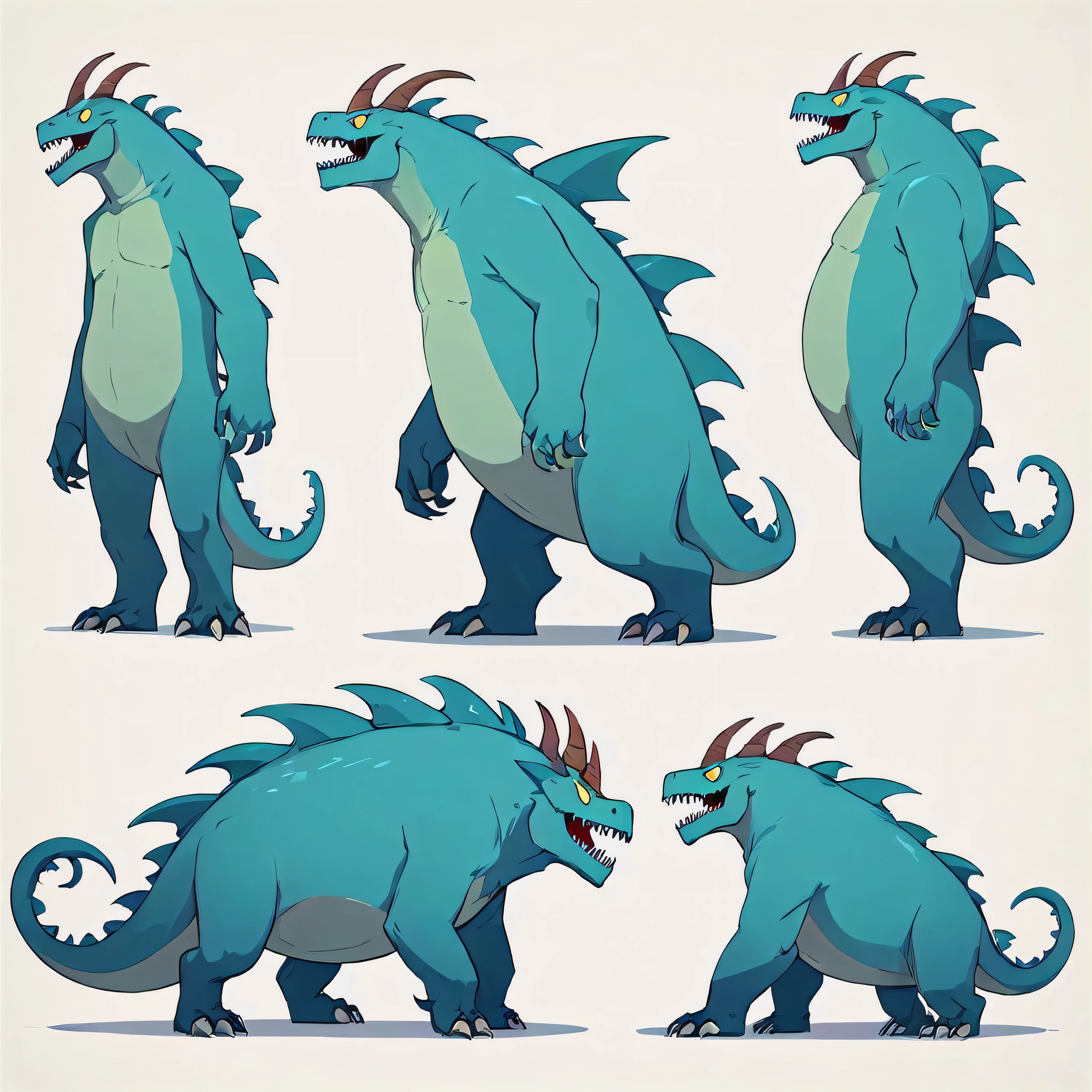 A cartoon a a big dead monster minimalist, best quality, front view , 45 degree view and side view, character design sheet