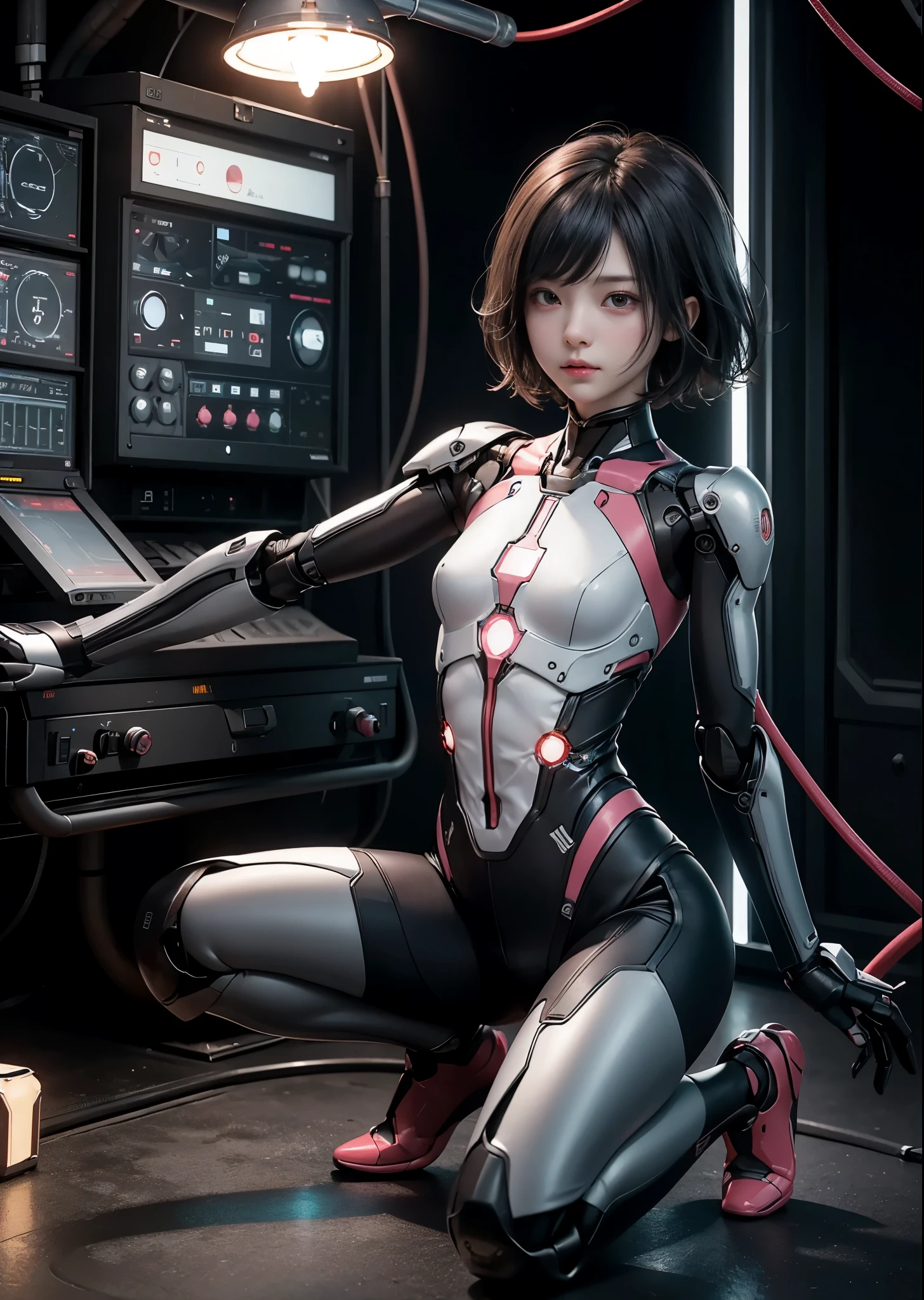 A boy with a powerful robot body、(1 boy)、Squatting down with one knee up、18-year-old、Pink titanium alloy and black carbon fiber skeleton、(silver gold short hair:1.5)、Body composed of a small control motor, cylinder and pipe、A smooth thoracic cable and tube connects the body to the control panel。、movie lighting、Many pilot lights are lit、(The entire area is occupied by a control panel:1.3)、